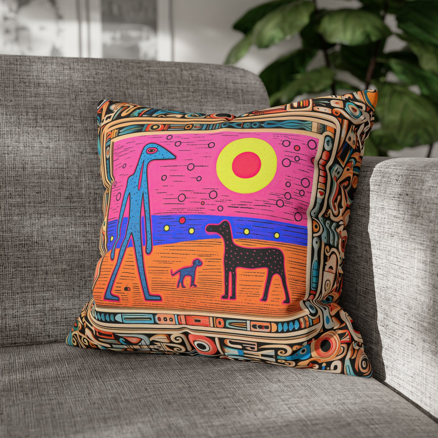 Square Pillow Case 18" x 18", CASE ONLY, no pillow form, original Pop Art Style, Blue Alien on the beach with his Dogs, Framed