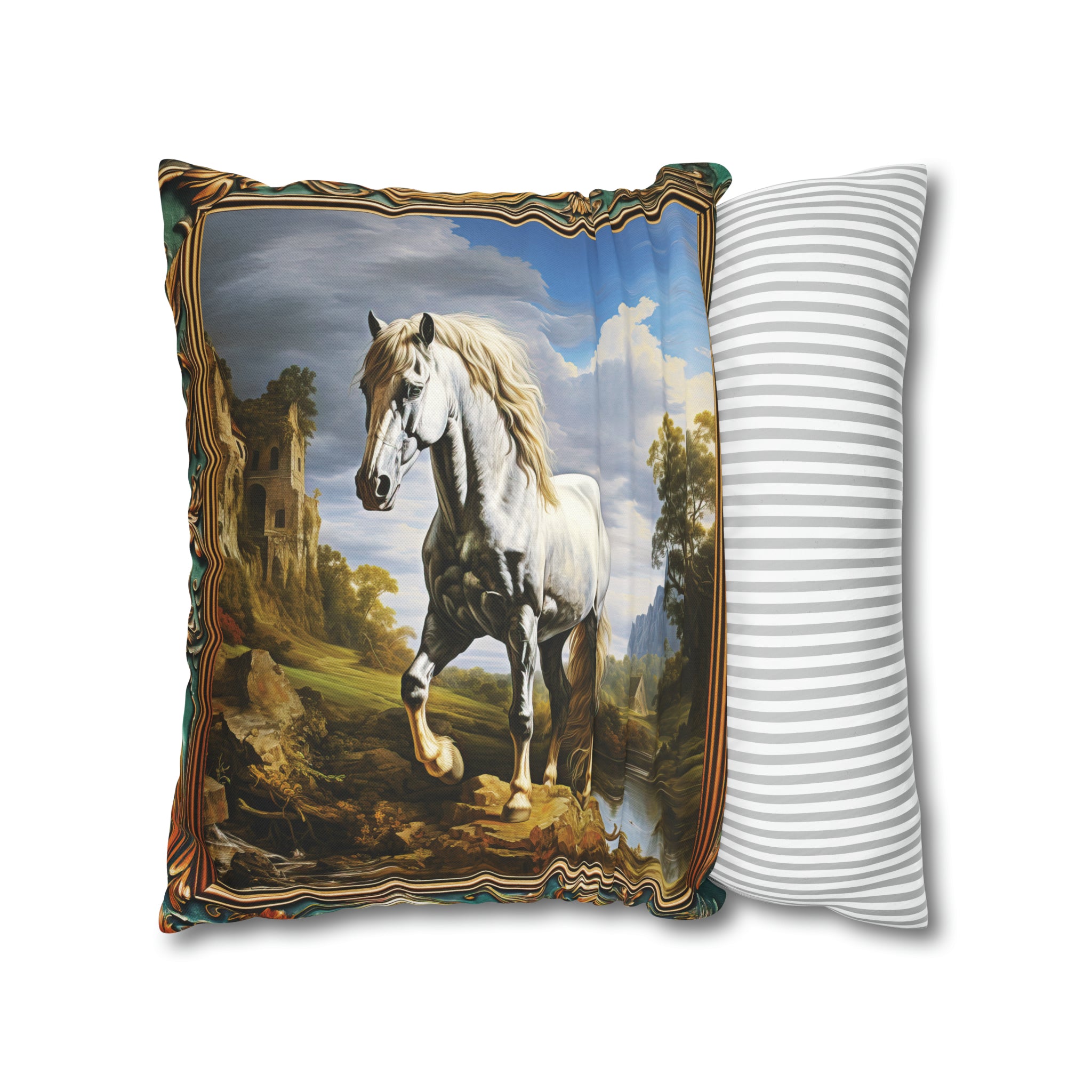 Square Pillow Case 18" x 18", CASE ONLY, no pillow form, original Art ,Colorful, Beautiful White Stallion with a Castle and Mountains