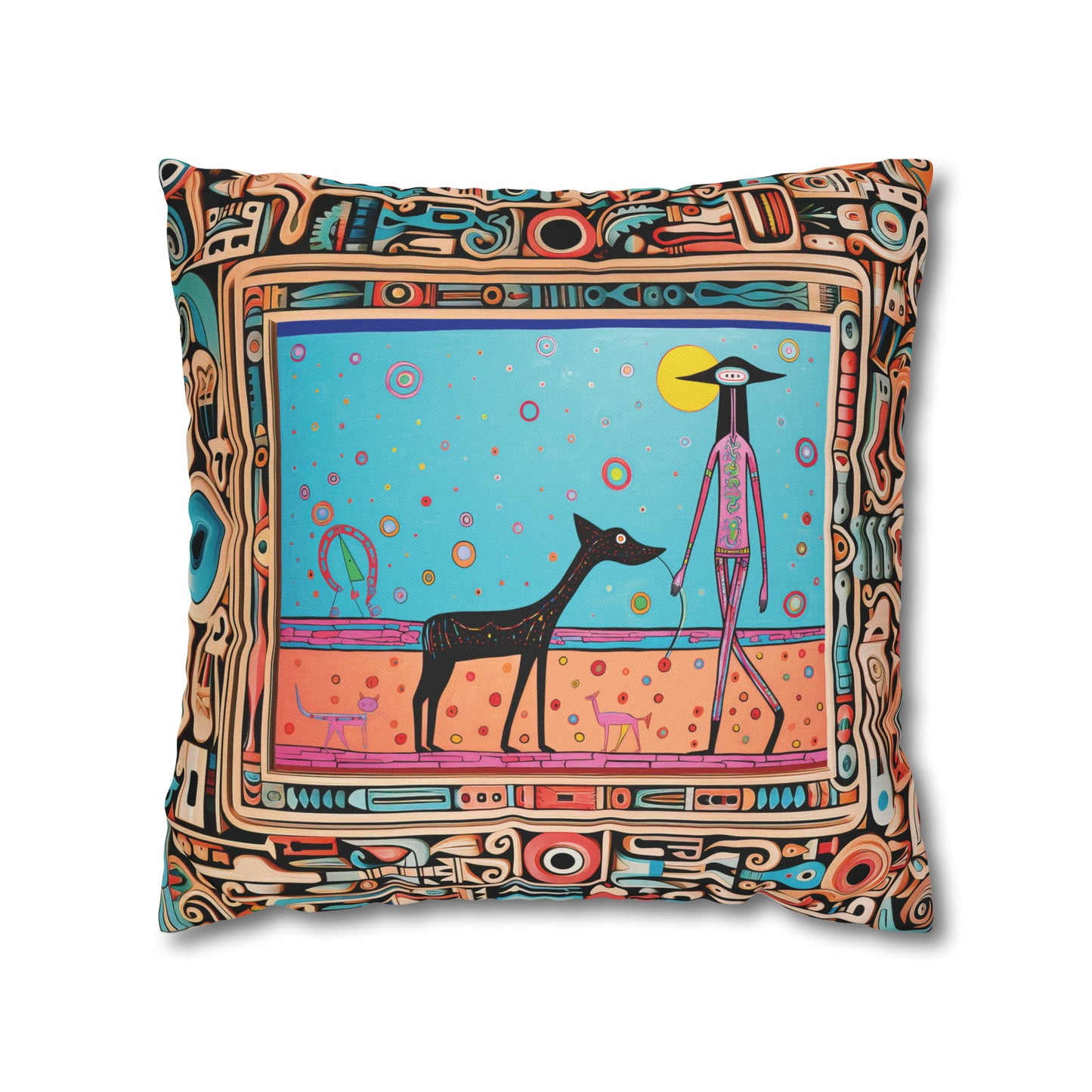 Square Pillow Case 18" x 18", CASE ONLY, no pillow form, original Pop Art Style, Alien Walking Her Dog, Image in a Frame