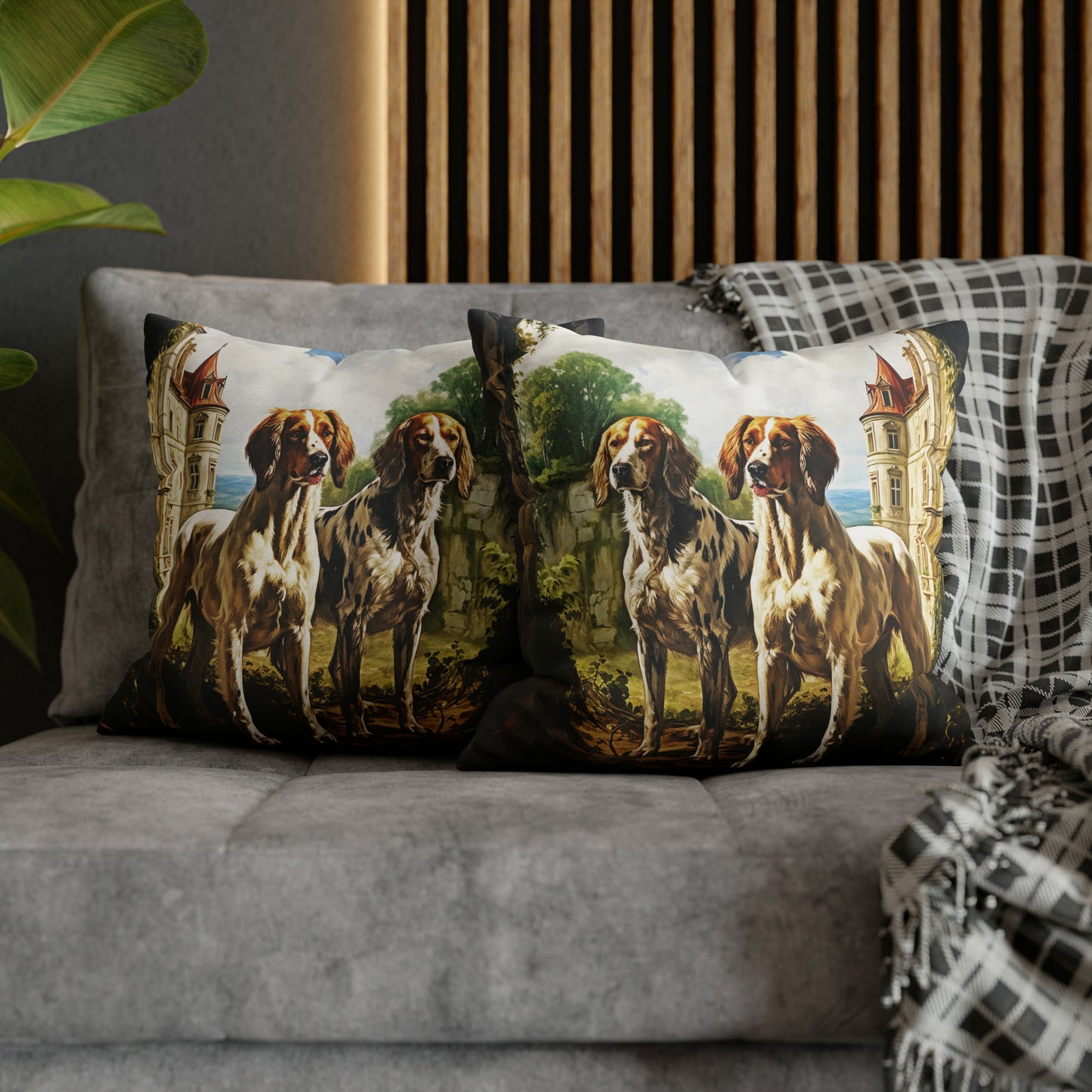 Square Pillow Case 18" x 18", CASE ONLY, no pillow form, original Art ,Colorful, Two Dogs at a French Chateau