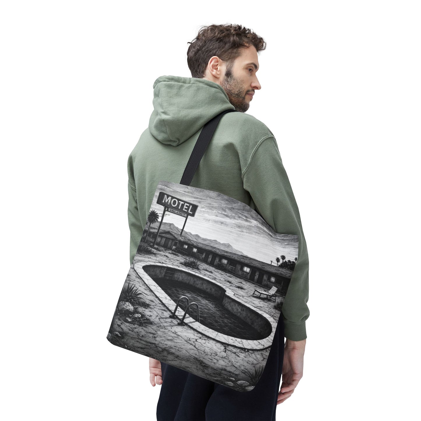 Retro Desert Motel Pool Tote Bag – Vintage Black & White Road Trip Art