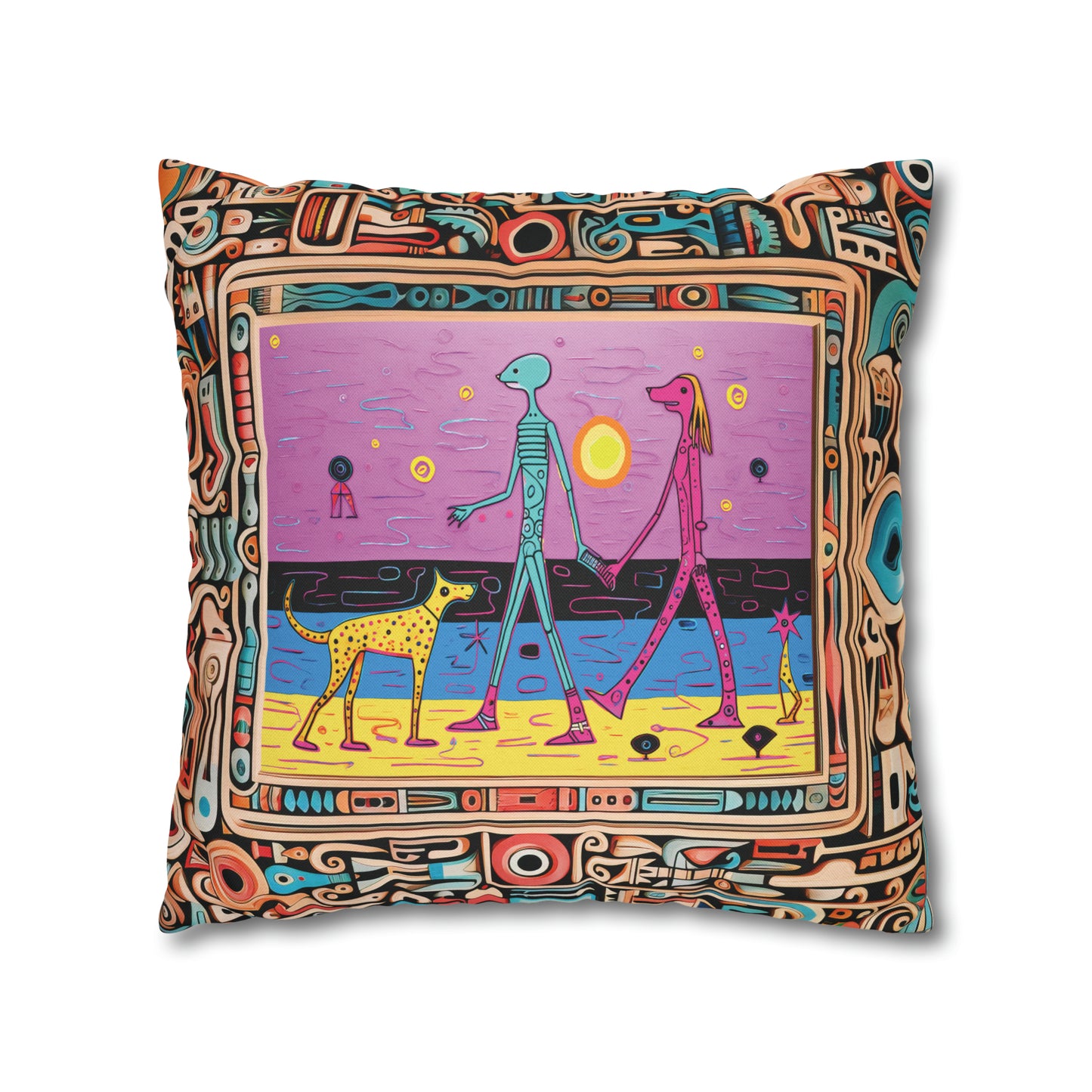 Square Pillow Case 18" x 18", CASE ONLY, no pillow form, original Pop Art Style, Alien Couple Walk their Dogs on the Beach in a Frame