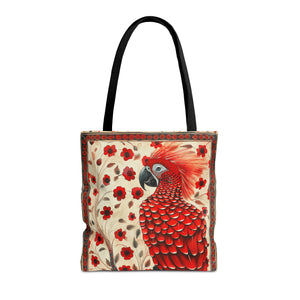 CanvasTote Bag, vintage inspired red parrot design, whimsical colorful bird printed bag, accessory tote , three sizes, all over print