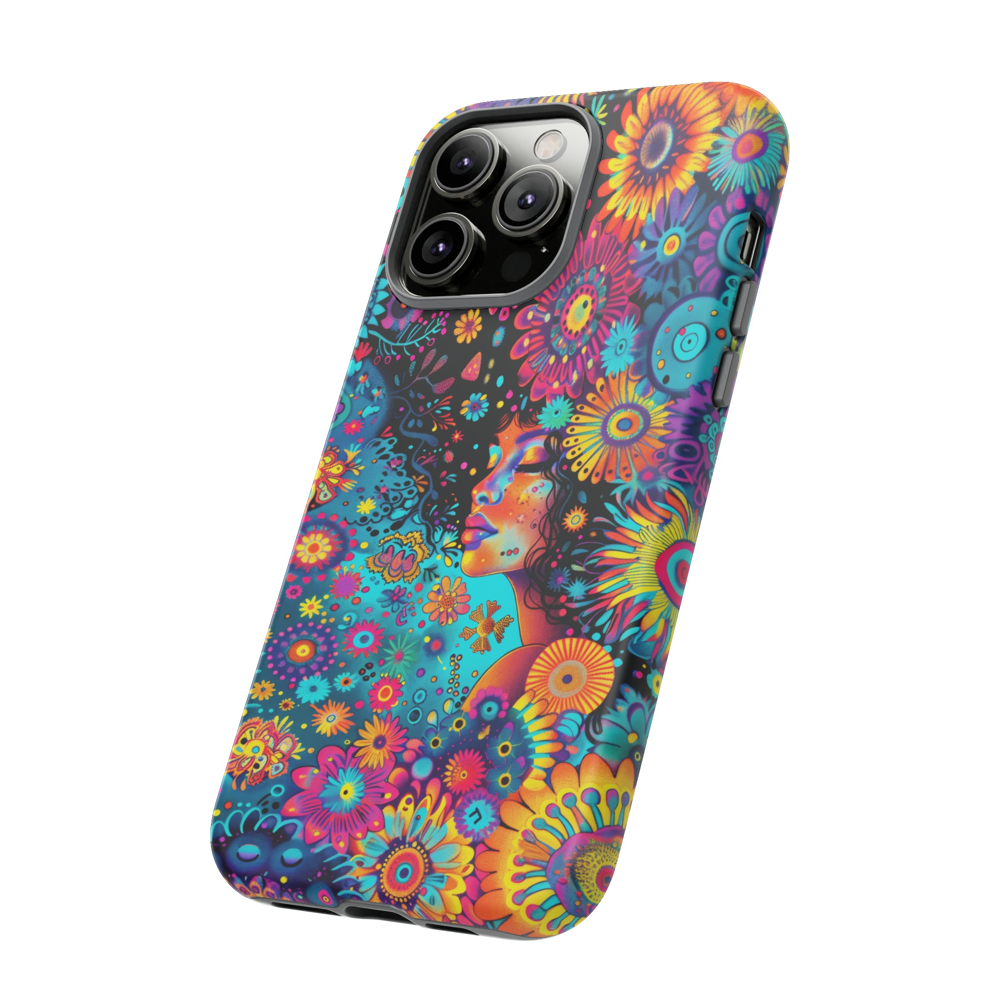 Phone Case, 1970's inspired flower girl, Artistic design, Tough Case, Colorful whimsical flower fantasy design, iPhone 15, 14, 13, 12, 11, Samsung, Pixel