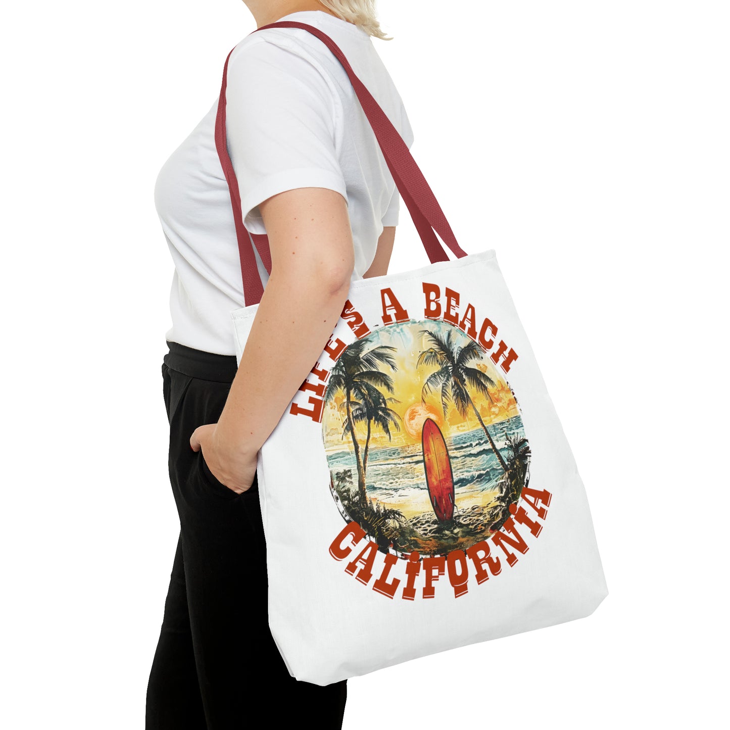 Life's a beach with red strap Tote Bag (AOP)