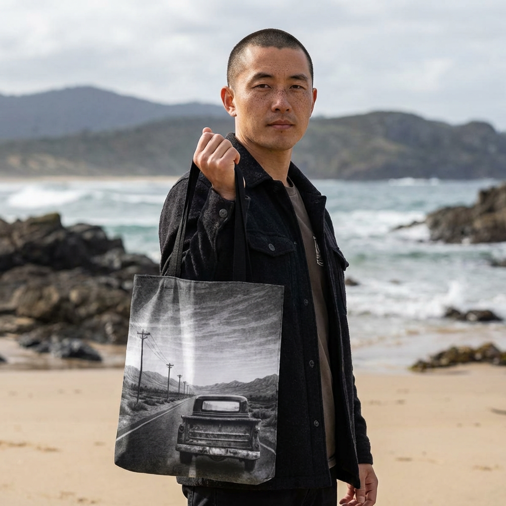 Vintage Road Trip Tote Bag — Black & White Classic Vintage Truck Travel Scene