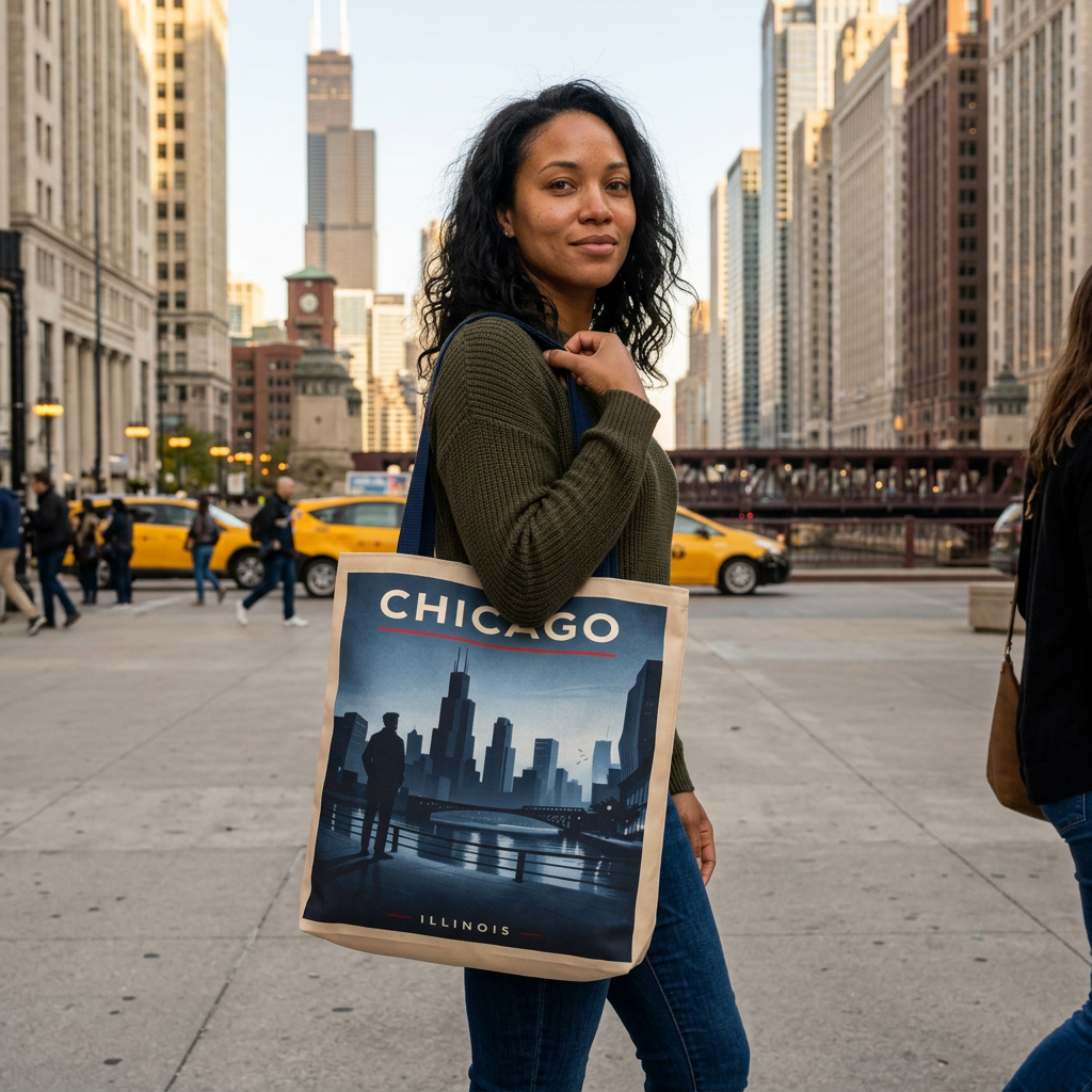 Chicago Skyline Tote Bag — Retro Cityscape Illinois Travel Bag