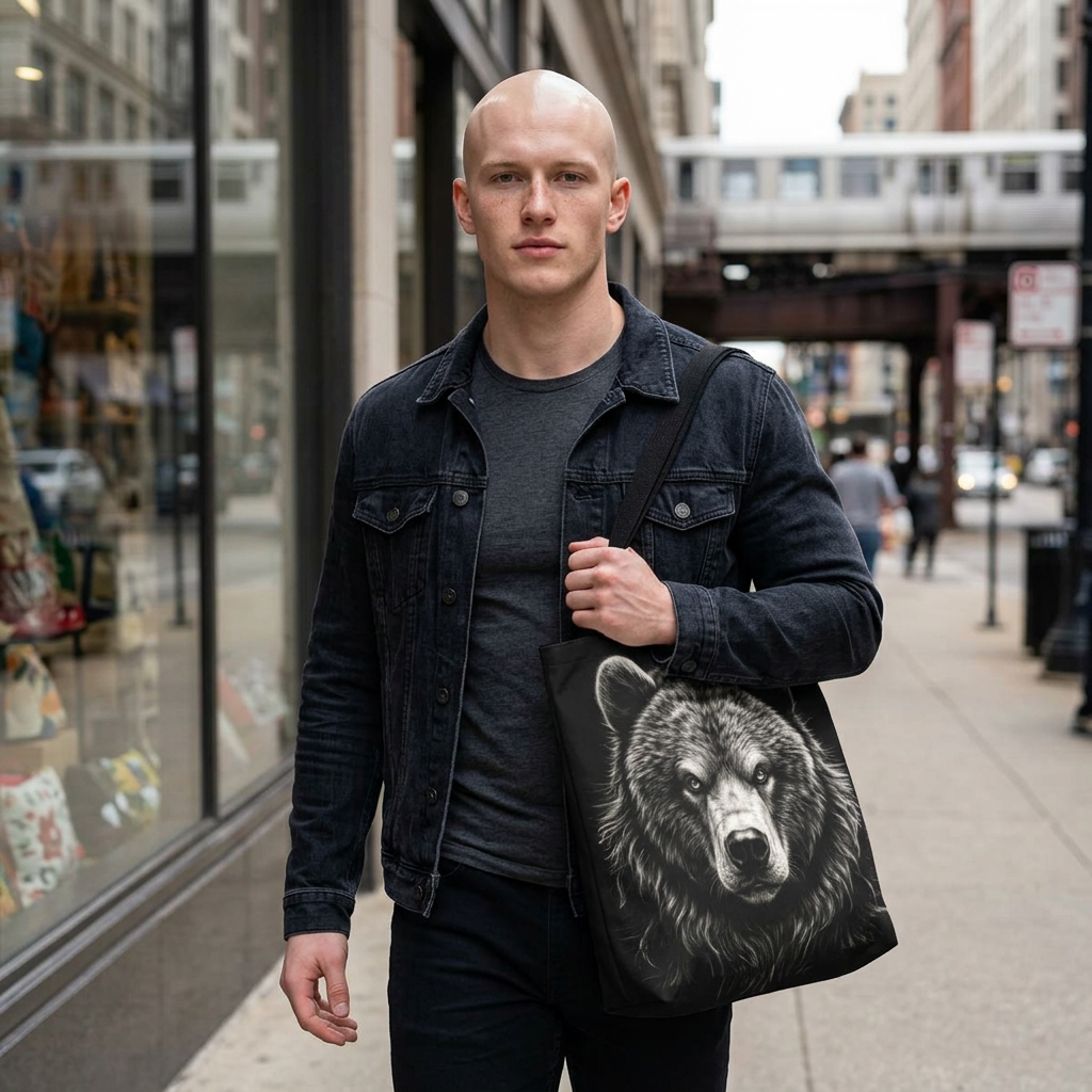 Bear Drawing Portrait Tote Bag – Bold Vintage Grizzly All-Over Print