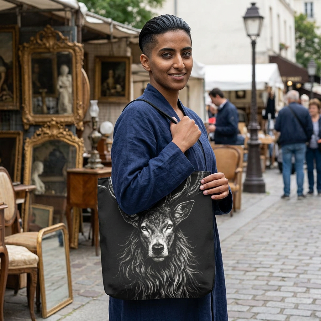 Stag Portrait Drawing Tote Bag - Dark Deer Illustration Canvas Tote