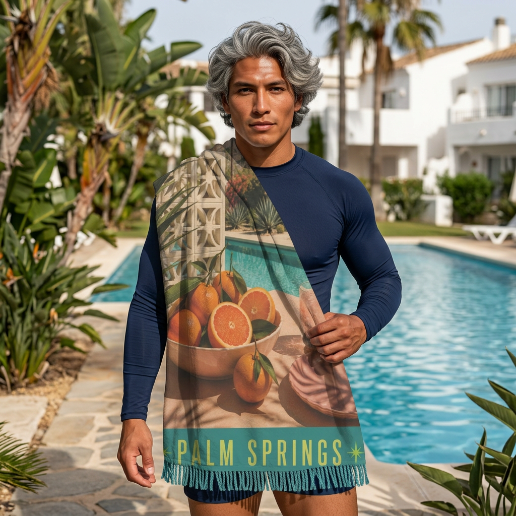 Palm Springs Boho Beach Towel — Retro Midcentury Poolside Orange Design