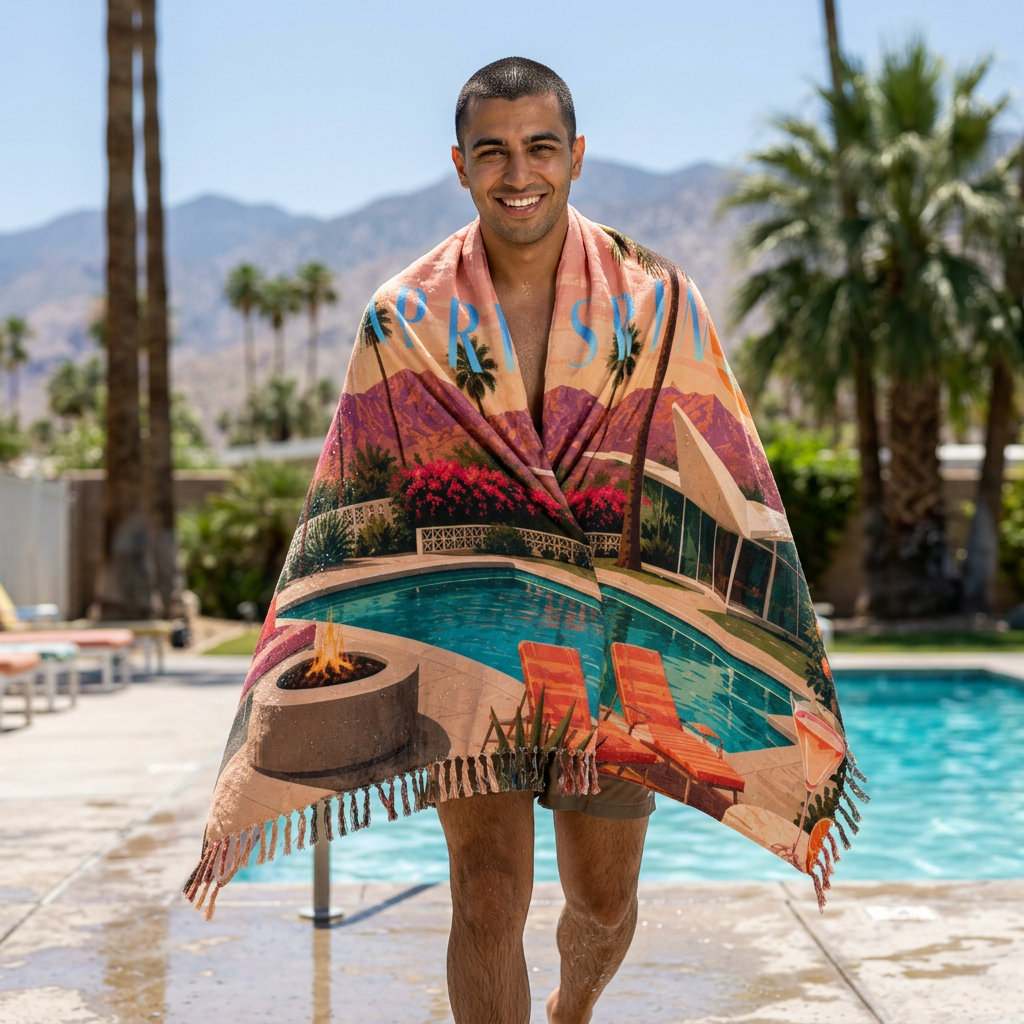 Boho Beach Towel – Retro Palm Springs Poolside Print 38" x 81"