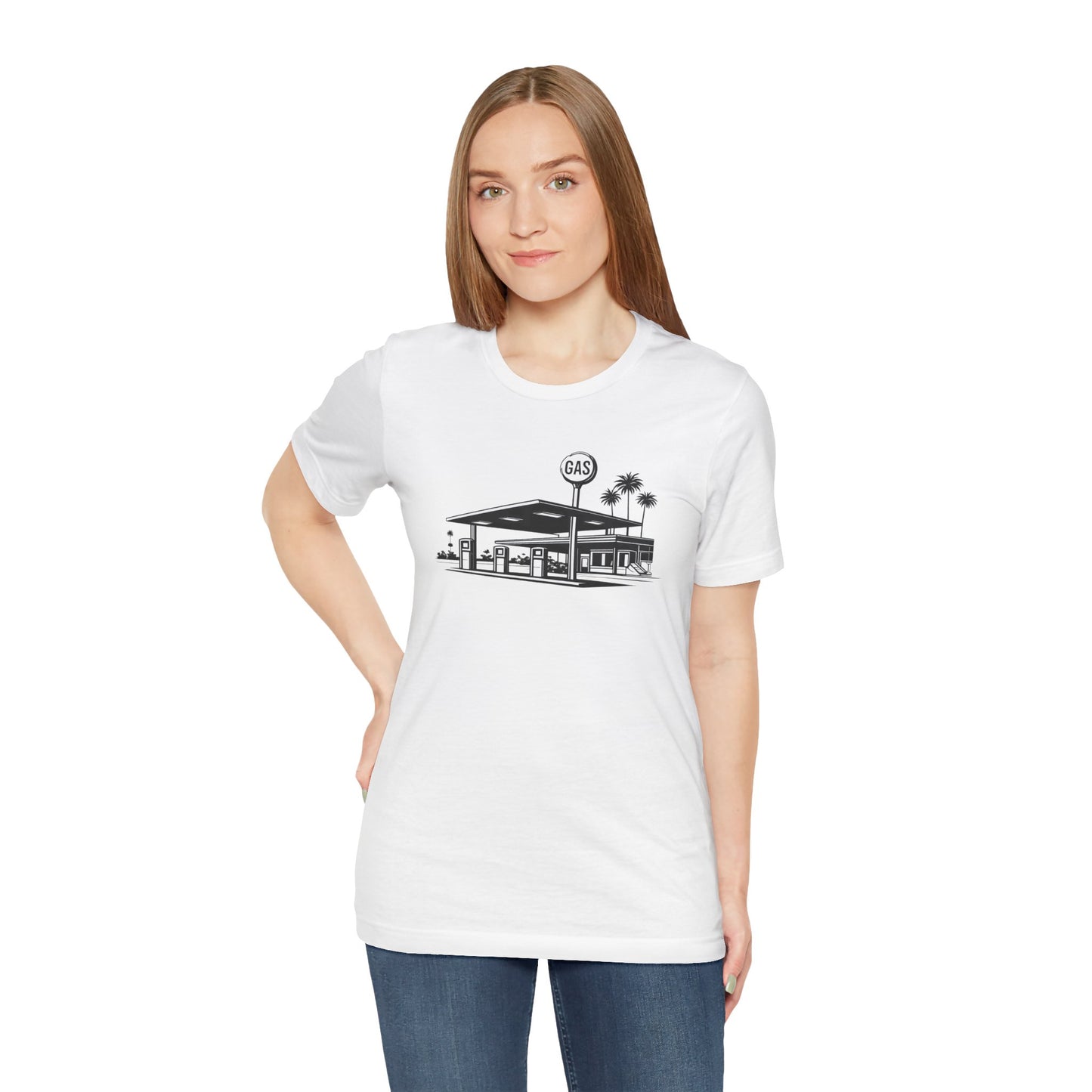 Mid Century Gas Station Graphic Tee, Icons of Mid Century series — Retro Desert Pump Illustration T-Shirt, Palm Springs Modern
