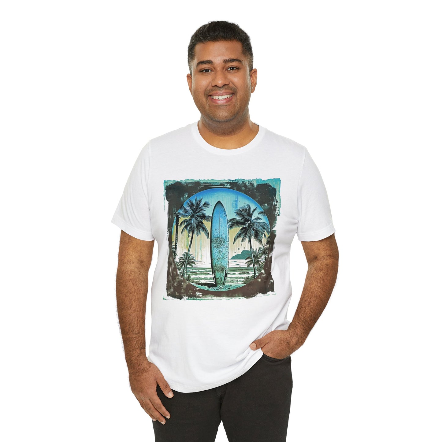 Blue board on the beach Unisex Jersey Short Sleeve Tee