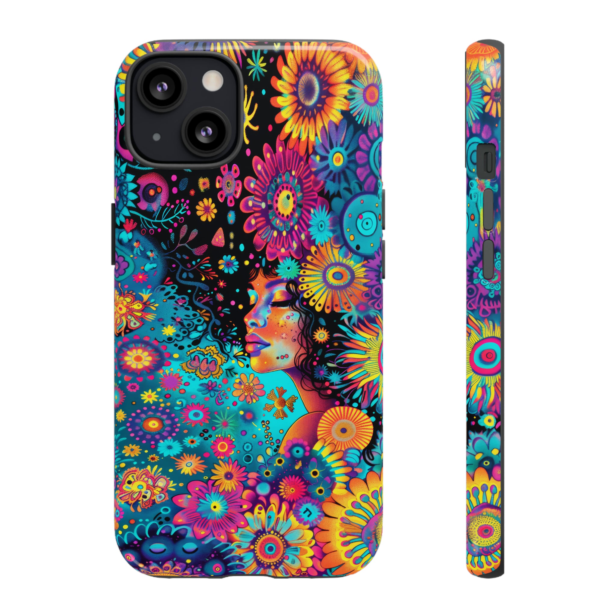 Phone Case, 1970's inspired flower girl, Artistic design, Tough Case, Colorful whimsical flower fantasy design, iPhone 15, 14, 13, 12, 11, Samsung, Pixel