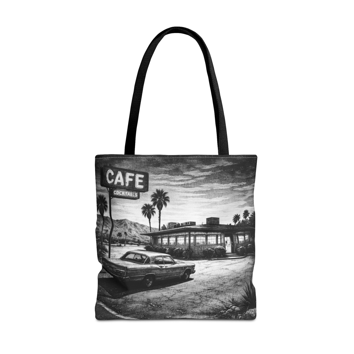 Vintage Diner Scene Tote Bag — Retro Café Black & White AOP, Vintage black & White art