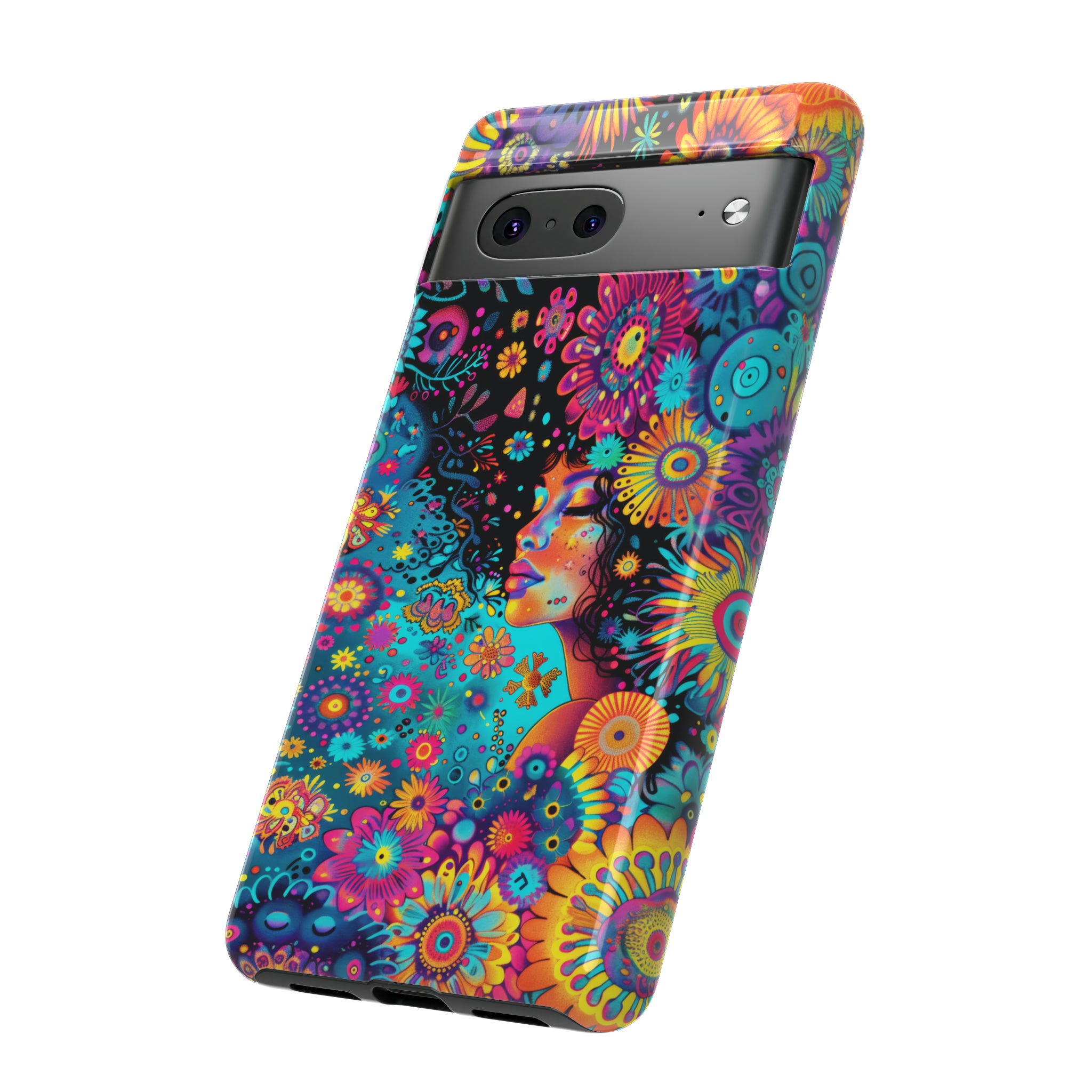 Phone Case, 1970's inspired flower girl, Artistic design, Tough Case, Colorful whimsical flower fantasy design, iPhone 15, 14, 13, 12, 11, Samsung, Pixel