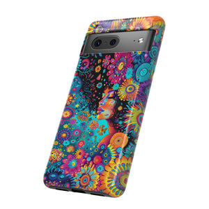 Phone Case, 1970's inspired flower girl, Artistic design, Tough Case, Colorful whimsical flower fantasy design, iPhone 15, 14, 13, 12, 11, Samsung, Pixel