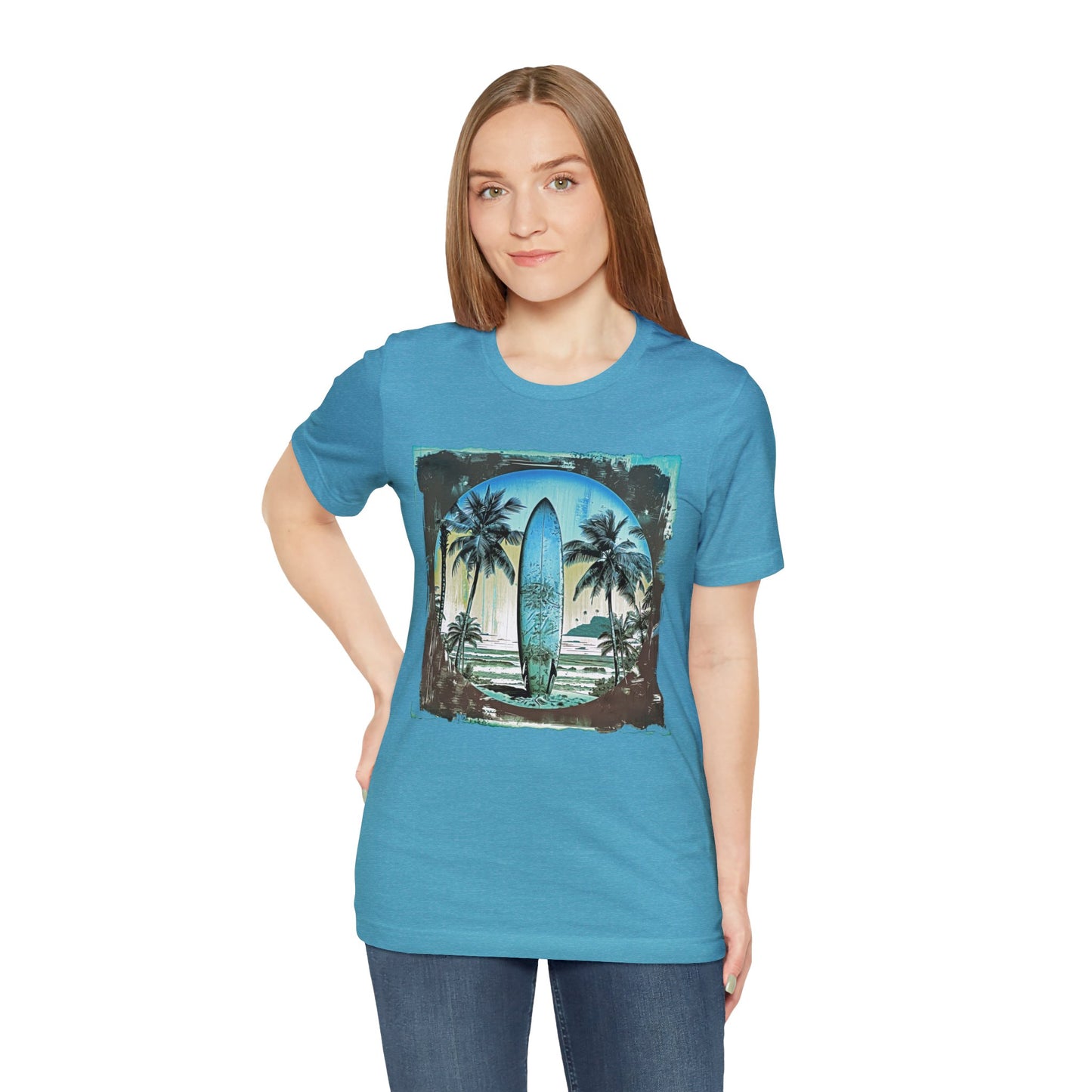 Blue board on the beach Unisex Jersey Short Sleeve Tee