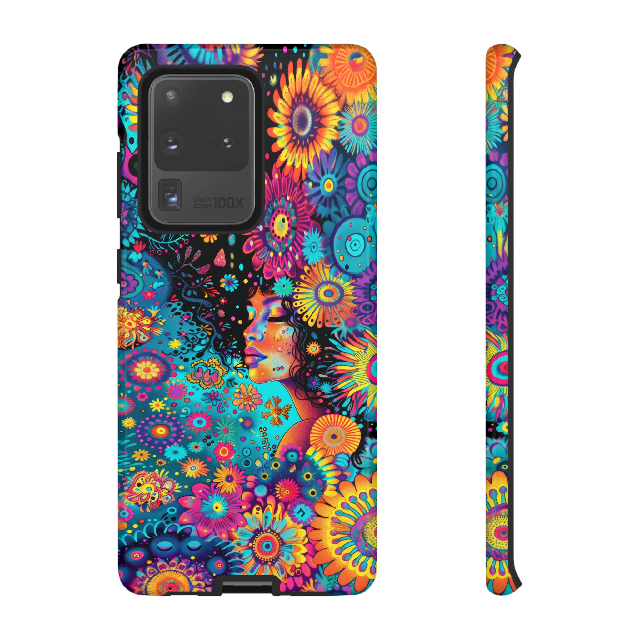Phone Case, 1970's inspired flower girl, Artistic design, Tough Case, Colorful whimsical flower fantasy design, iPhone 15, 14, 13, 12, 11, Samsung, Pixel