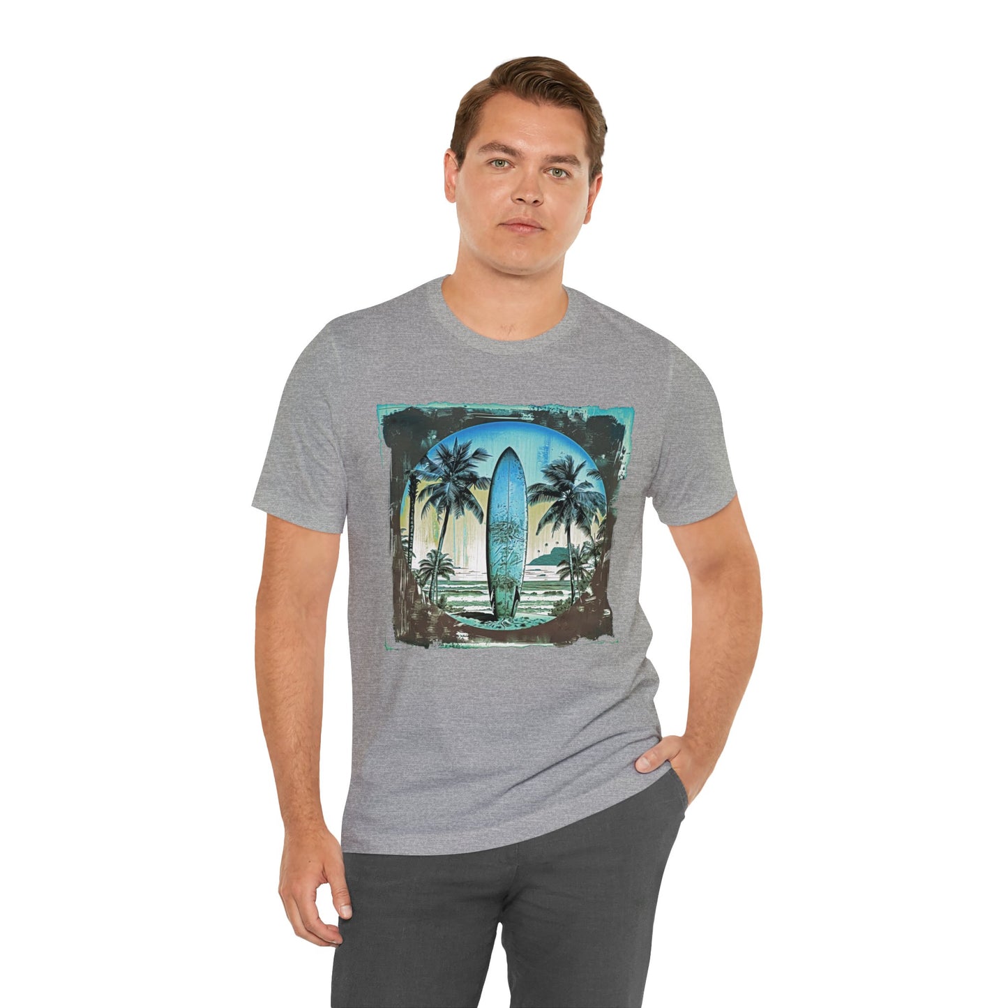 Blue board on the beach Unisex Jersey Short Sleeve Tee