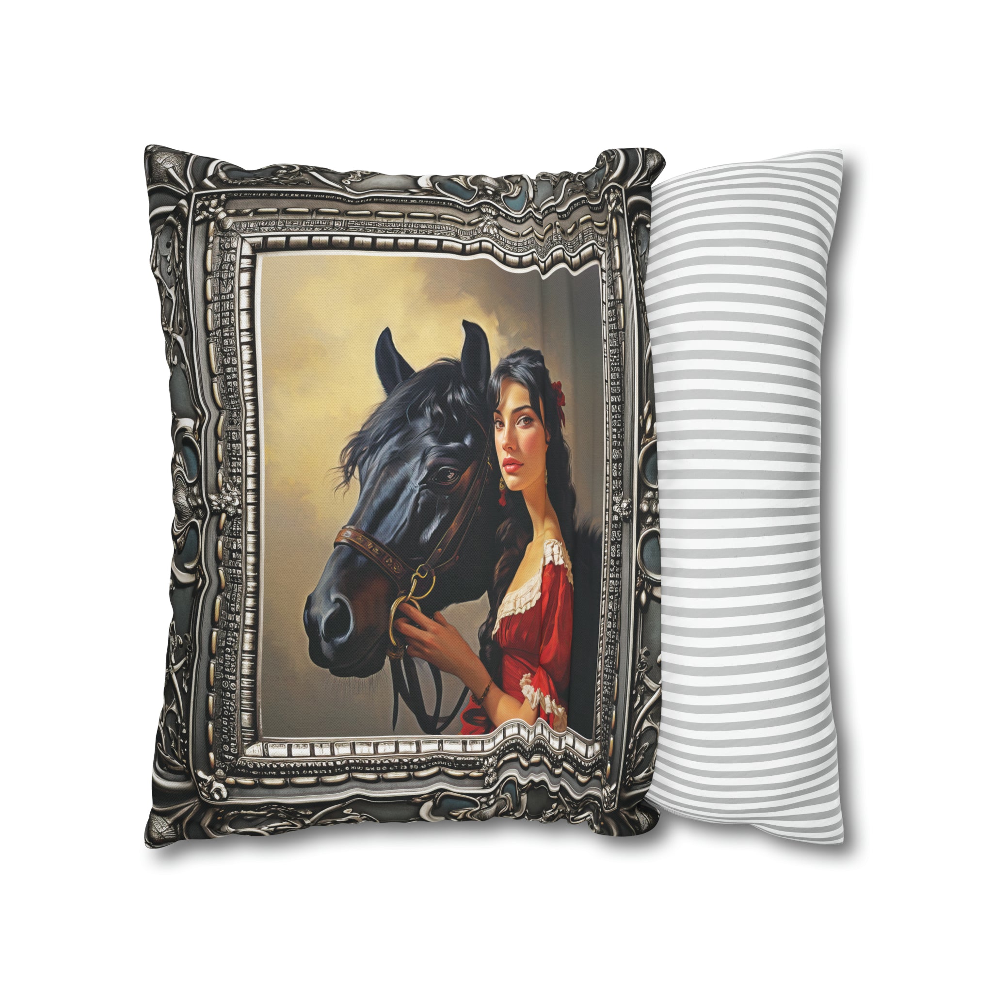 Square Pillow Case 18" x 18", CASE ONLY, no pillow form, original Art, A beautiful Painting of a Woman and Her Horse in an Antique Frame