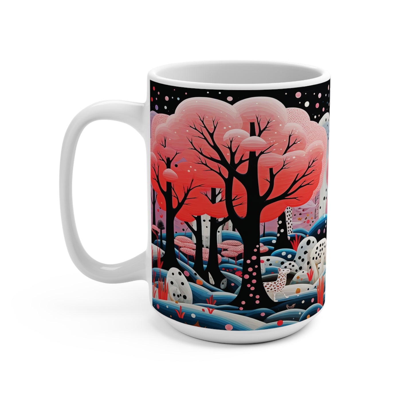 Mug 15oz White Leopards in a Pink Forest