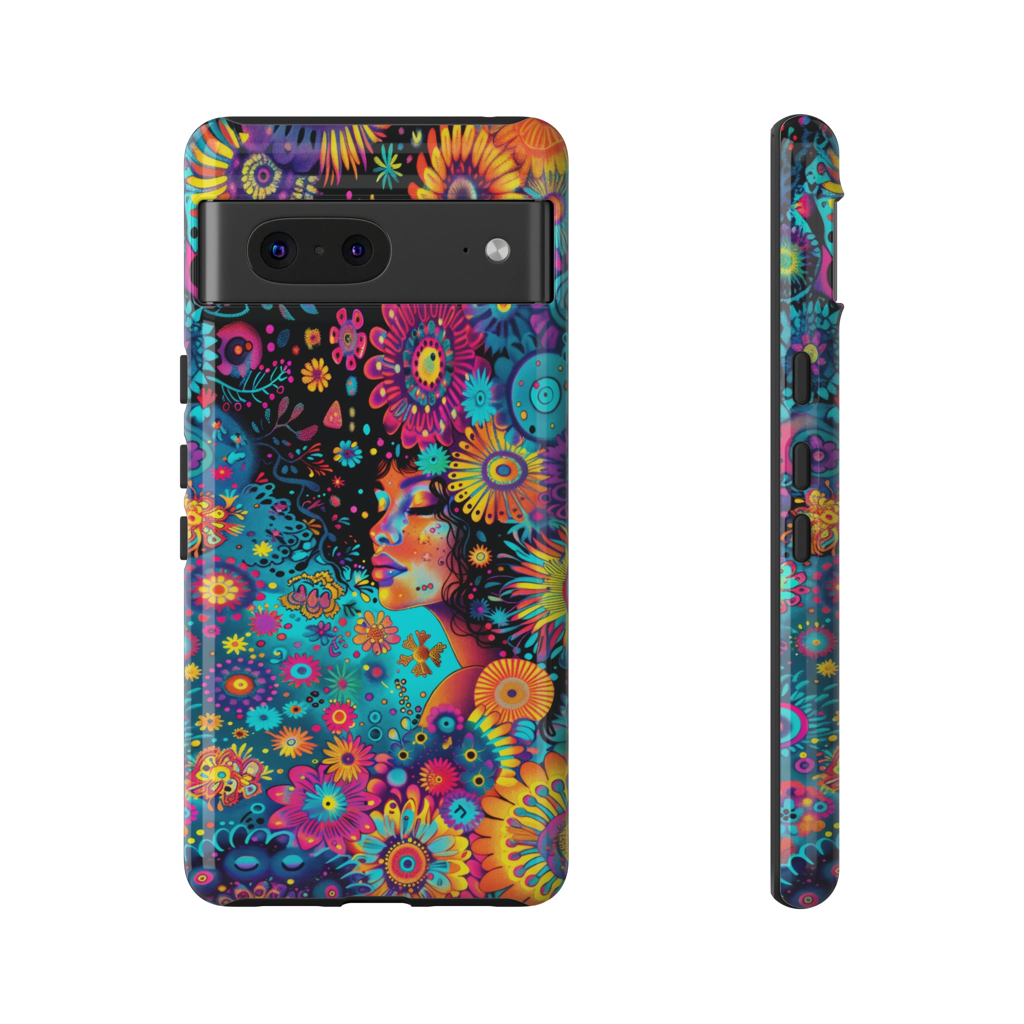 Phone Case, 1970's inspired flower girl, Artistic design, Tough Case, Colorful whimsical flower fantasy design, iPhone 15, 14, 13, 12, 11, Samsung, Pixel