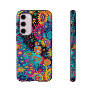 Phone Case, 1970's inspired flower girl, Artistic design, Tough Case, Colorful whimsical flower fantasy design, iPhone 15, 14, 13, 12, 11, Samsung, Pixel