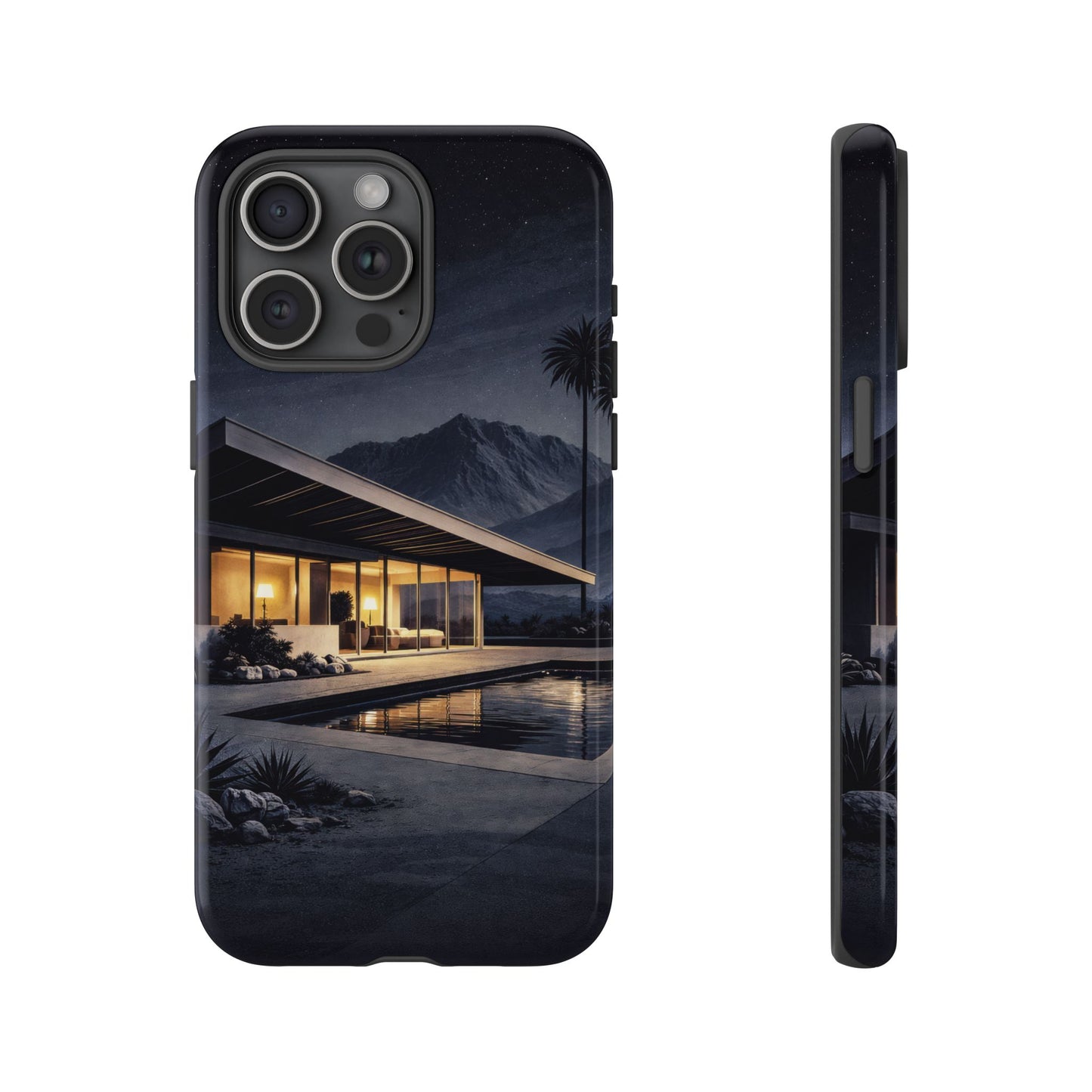 Modern Palm Springs House Phone Case — Mid-Century Poolside Evening Scene