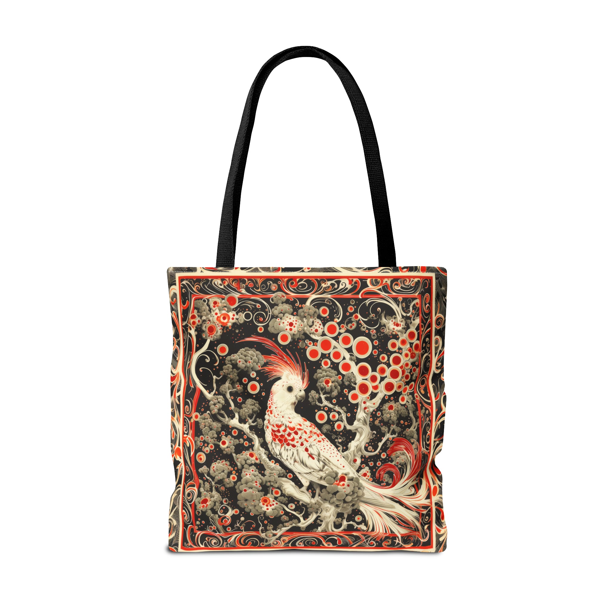 Canvas Tote Bag, vintage inspired bird design, vibrant artistic accessory, whimsical all over print bag in three sizes, cockatiel design