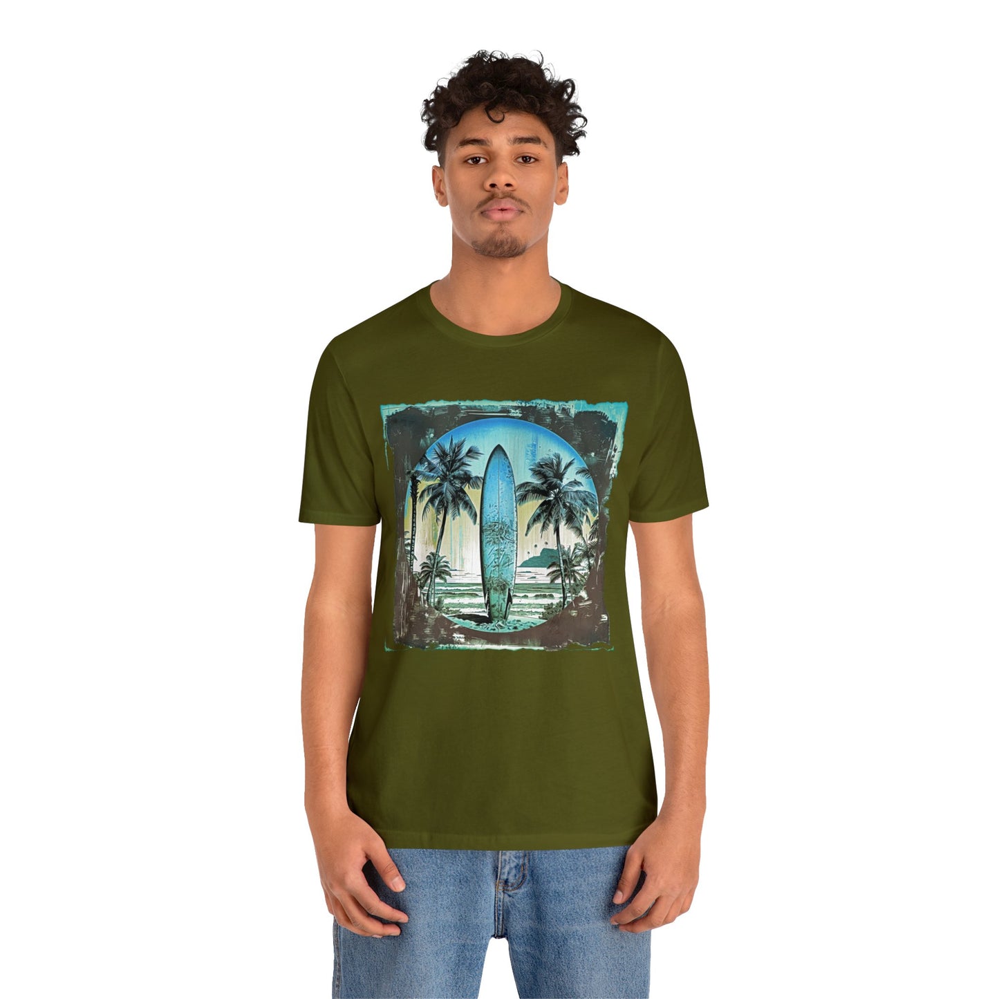 Blue board on the beach Unisex Jersey Short Sleeve Tee