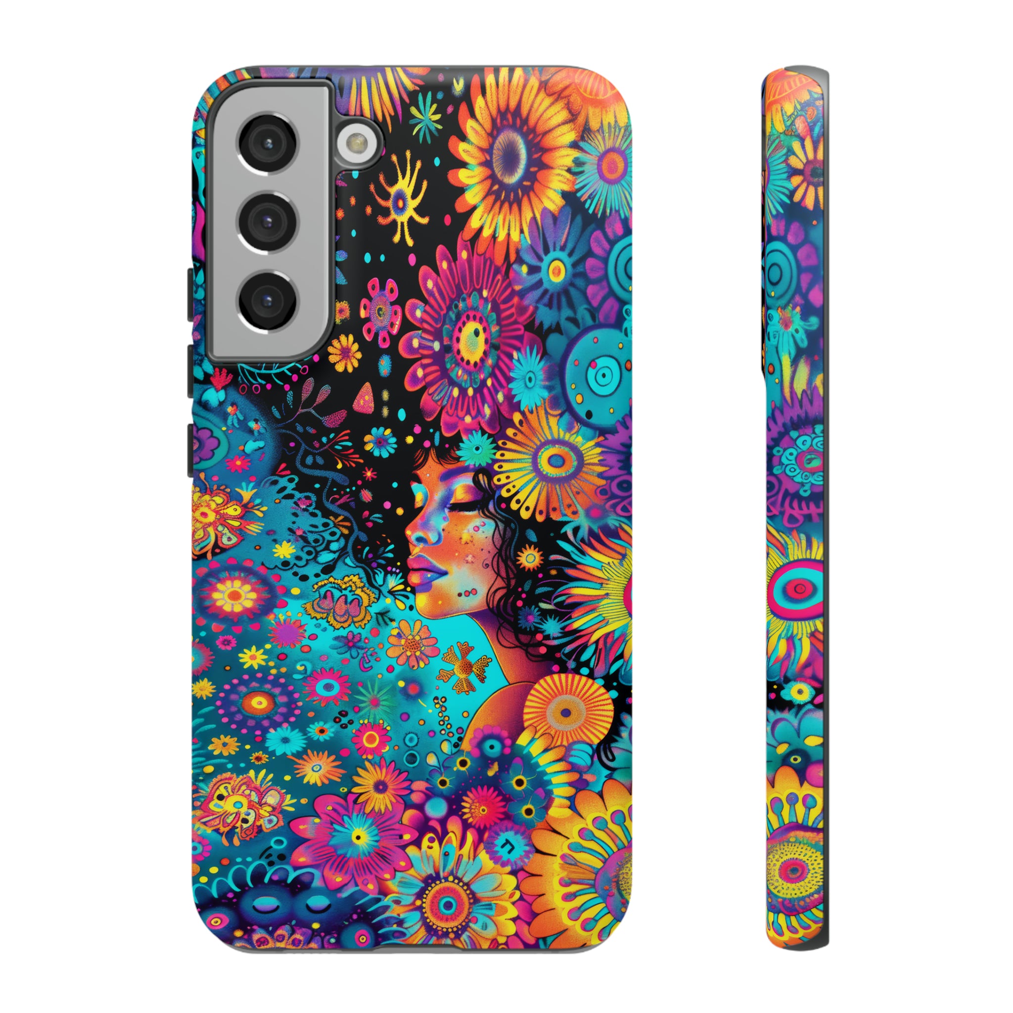 Phone Case, 1970's inspired flower girl, Artistic design, Tough Case, Colorful whimsical flower fantasy design, iPhone 15, 14, 13, 12, 11, Samsung, Pixel