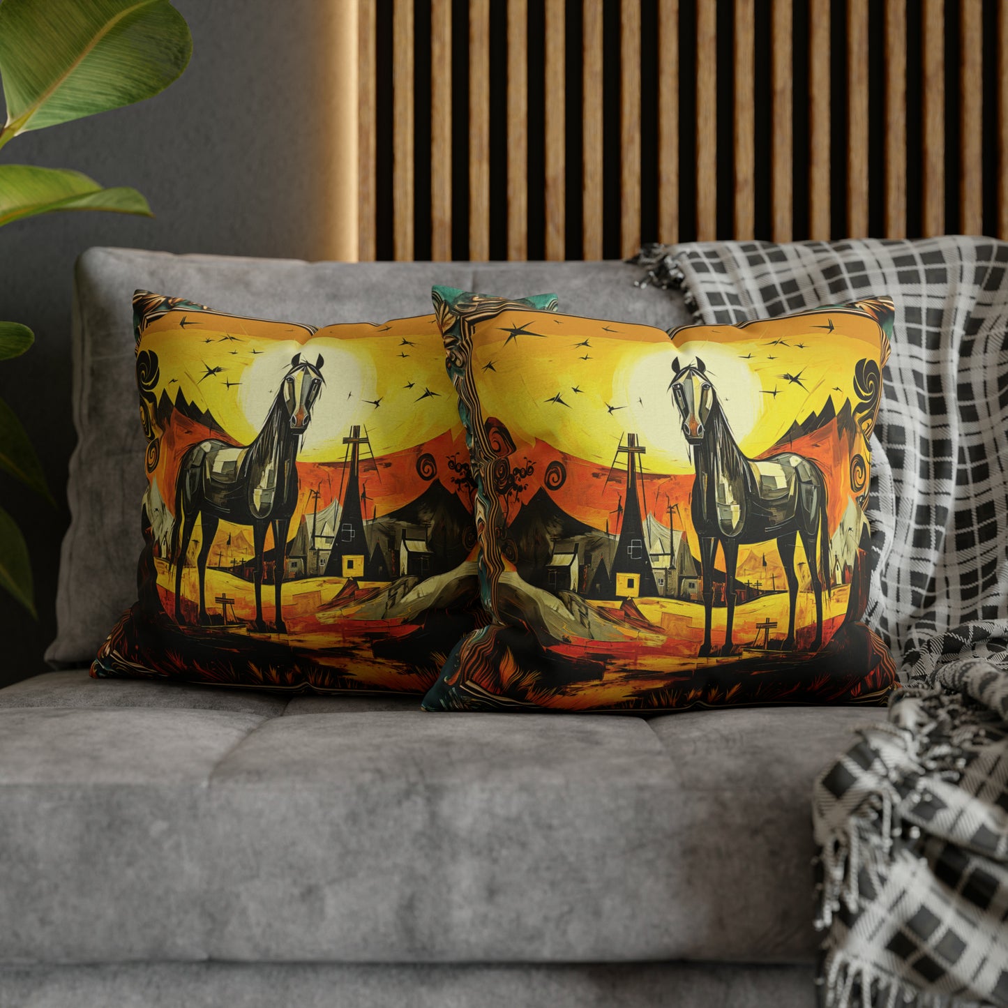 Square Pillow Case 18" x 18", CASE ONLY, no pillow form, original Art ,Colorful, Beautiful Abstract Black Horse at Sunset in a Western Village