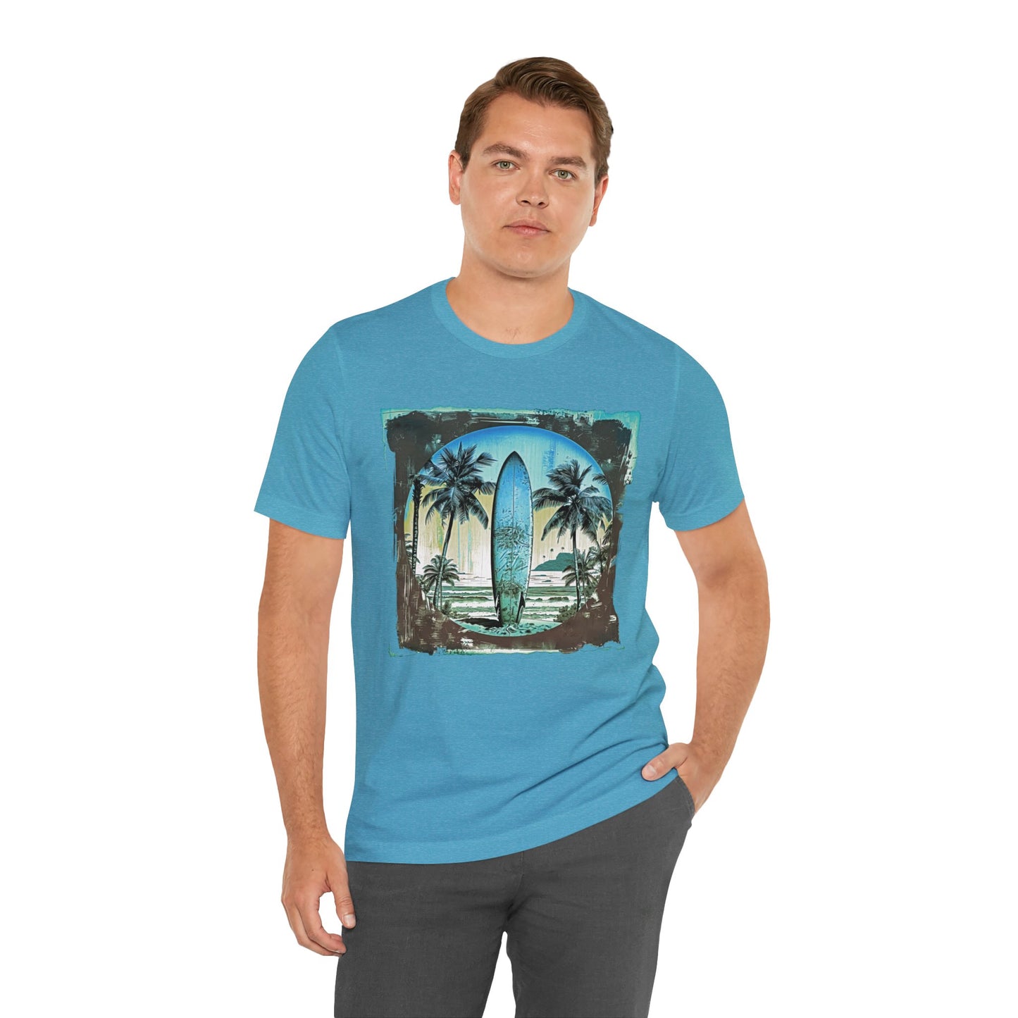 Blue board on the beach Unisex Jersey Short Sleeve Tee