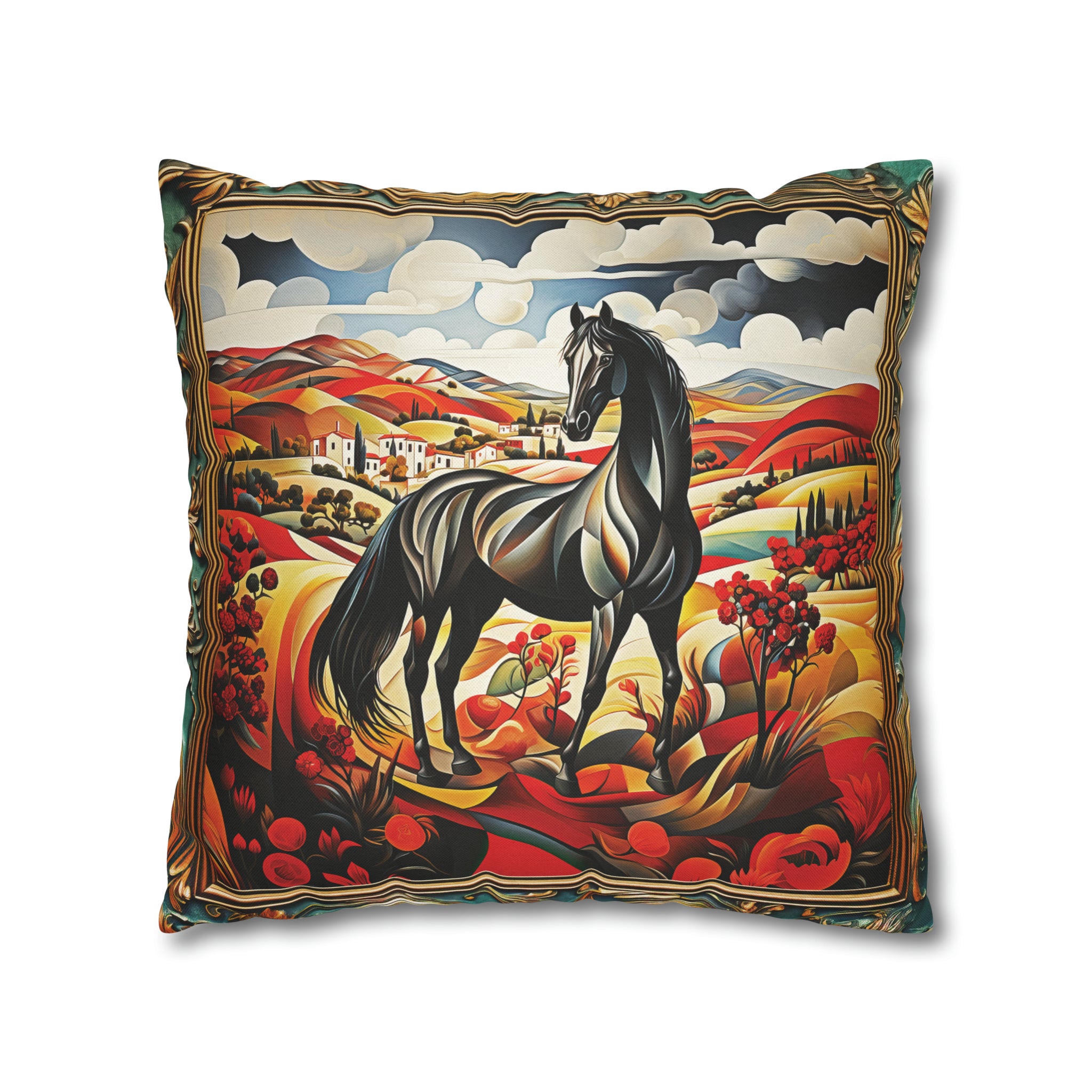 Square Pillow Case 18" x 18", CASE ONLY, no pillow form, original Art ,Colorful, Beautiful Black Horse on a Colorful Landscape with Red Fields of Flowers