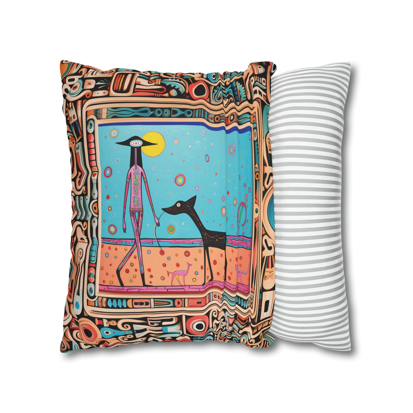 Square Pillow Case 18" x 18", CASE ONLY, no pillow form, original Pop Art Style, Alien Walking Her Dog, Image in a Frame