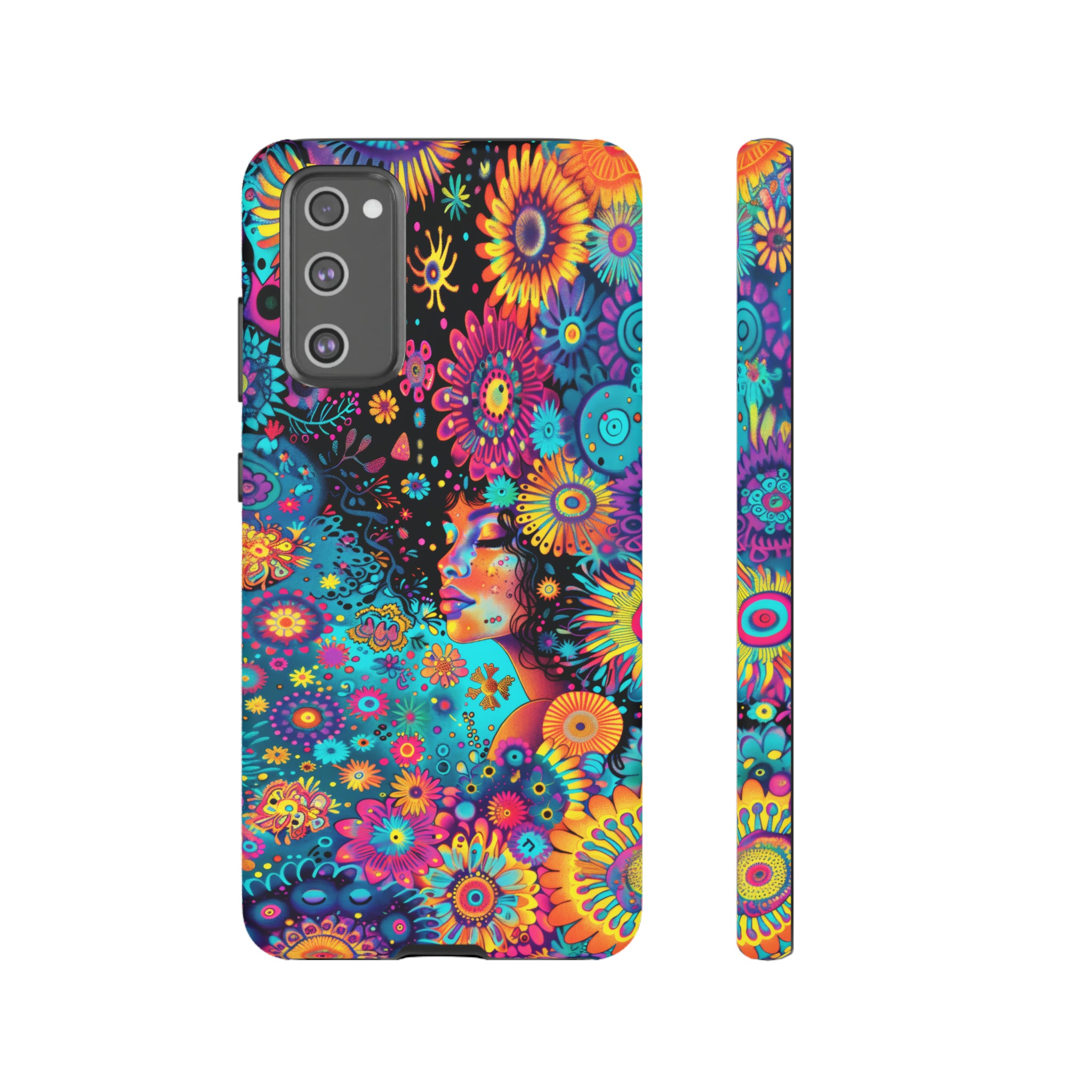 Phone Case, 1970's inspired flower girl, Artistic design, Tough Case, Colorful whimsical flower fantasy design, iPhone 15, 14, 13, 12, 11, Samsung, Pixel