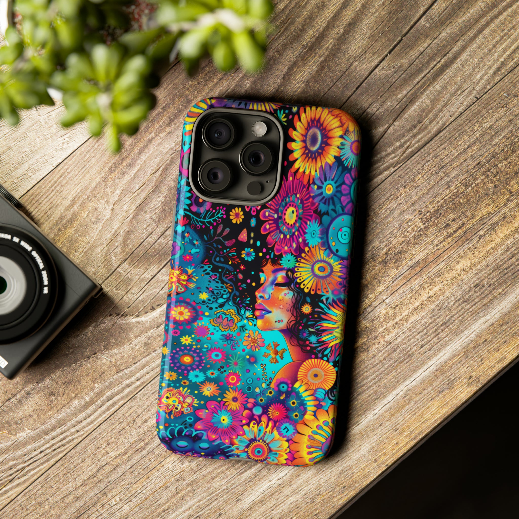 Phone Case, 1970's inspired flower girl, Artistic design, Tough Case, Colorful whimsical flower fantasy design, iPhone 15, 14, 13, 12, 11, Samsung, Pixel