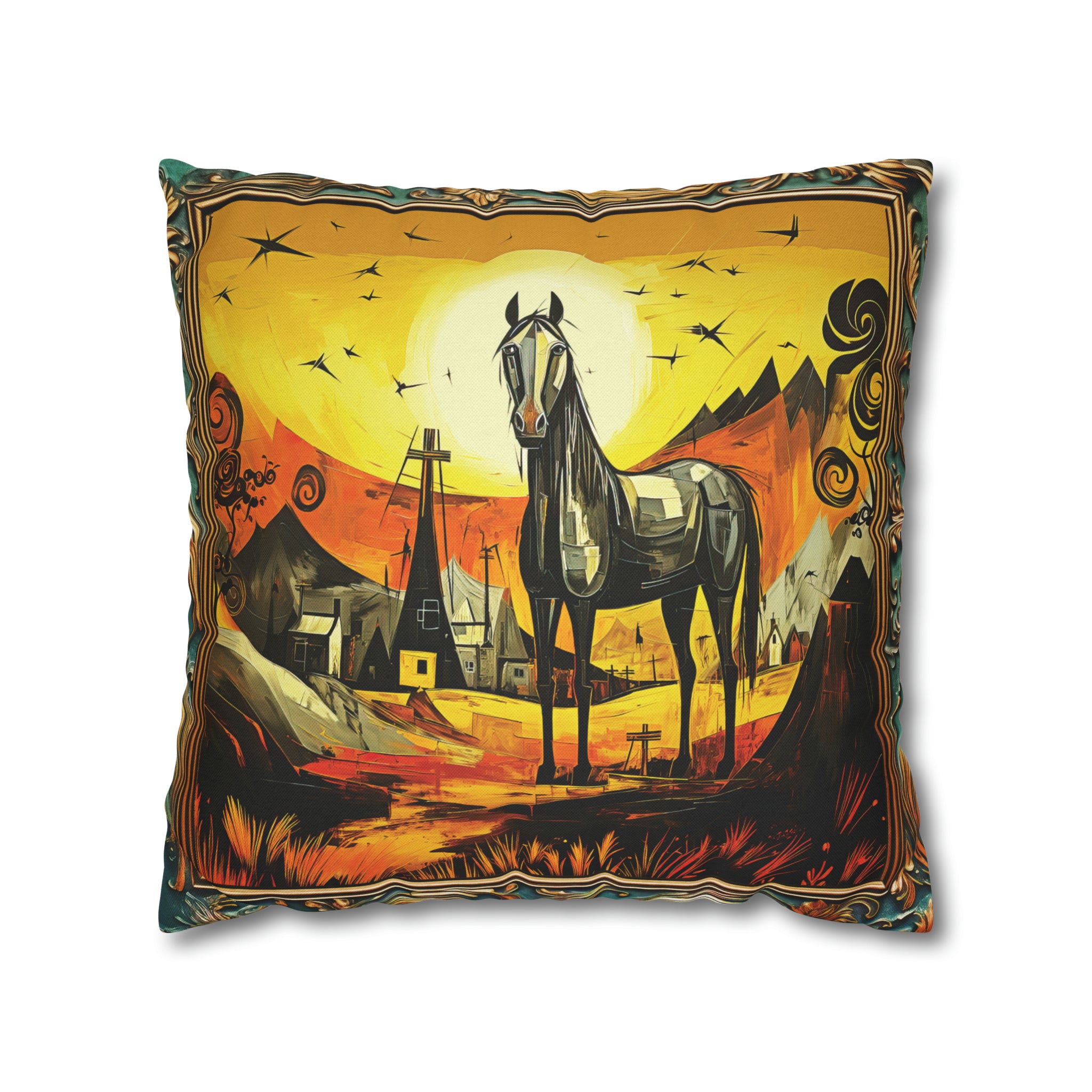Square Pillow Case 18" x 18", CASE ONLY, no pillow form, original Art ,Colorful, Beautiful Abstract Black Horse at Sunset in a Western Village