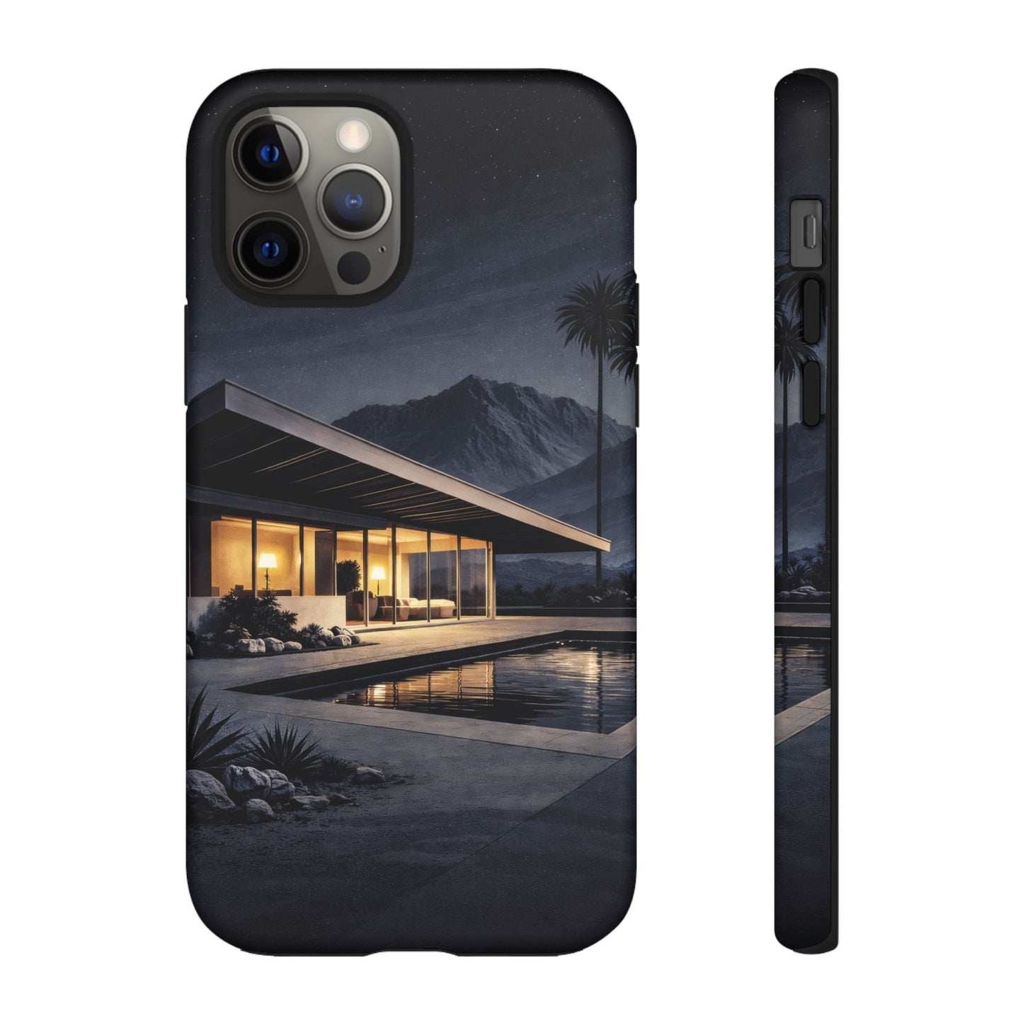 Modern Palm Springs House Phone Case — Mid-Century Poolside Evening Scene