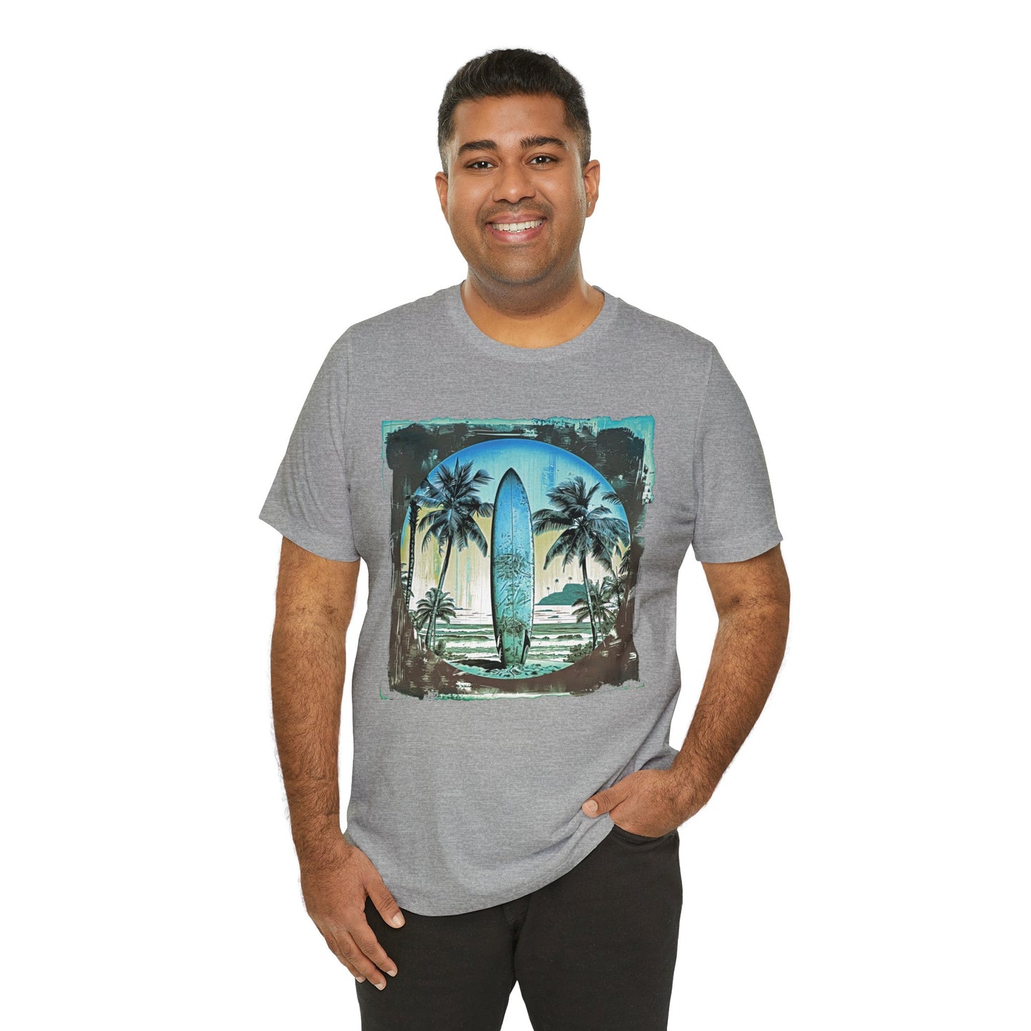 Blue board on the beach Unisex Jersey Short Sleeve Tee
