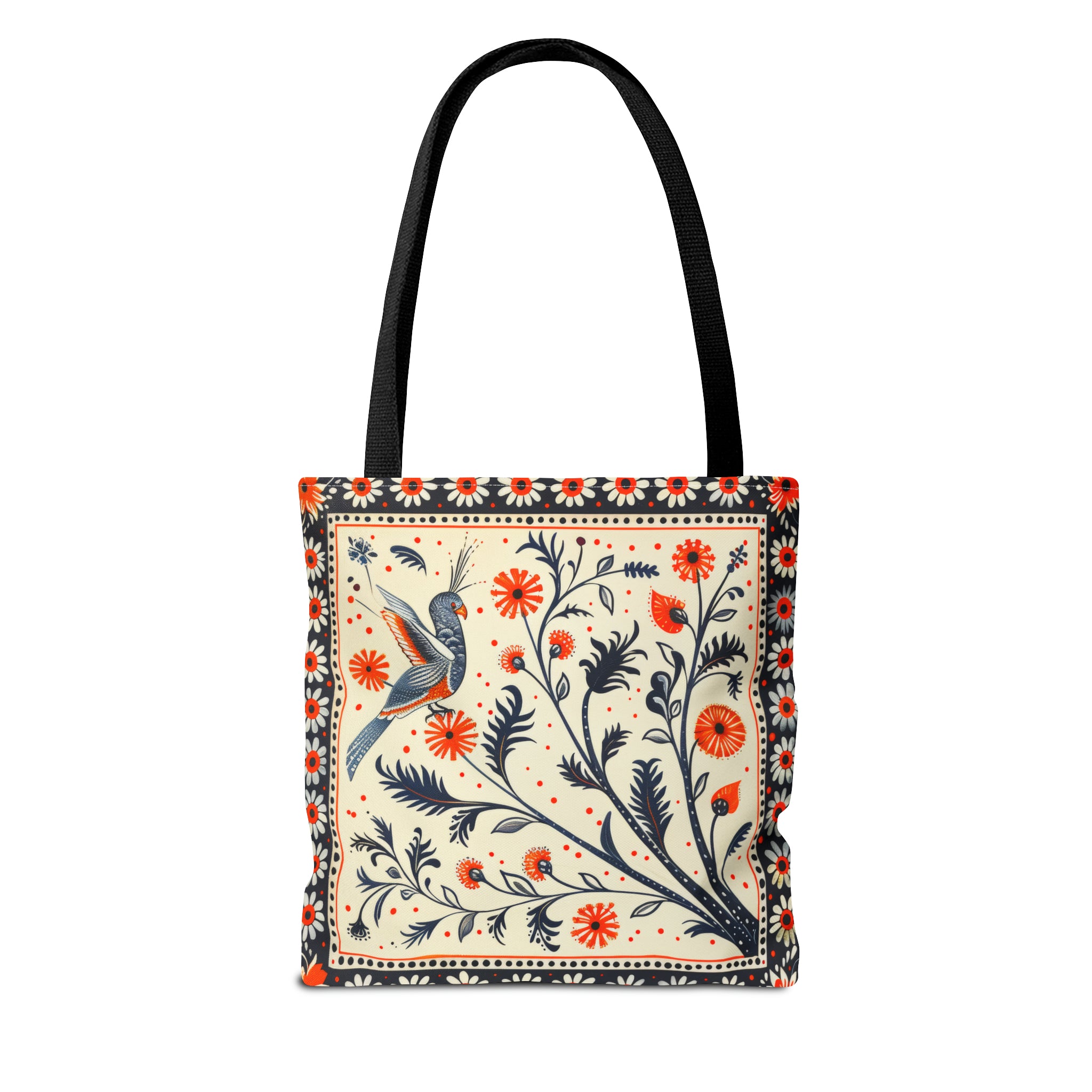 Canvas Tote Bag, red & black vintage inspired bird on a branch design, vibrant artistic accessory, whimsical all over print bag in three sizes