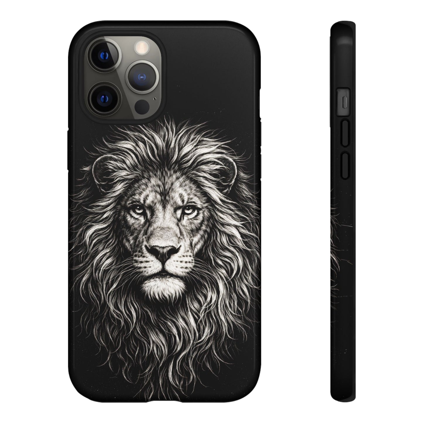 Lion Portrait Tough Phone Case — Protective Black Rugged Case with Detailed Lion Artwork