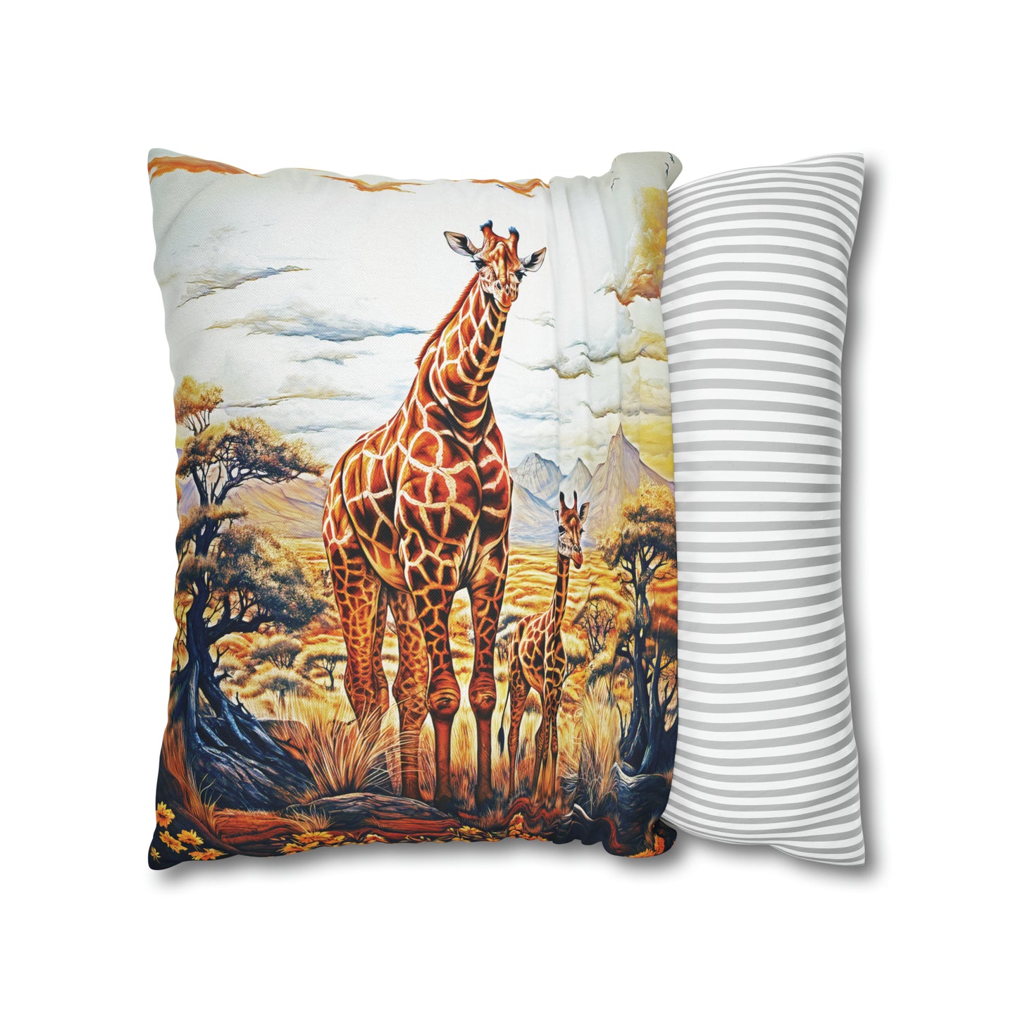 Square Pillow Case 18" x 18", CASE ONLY, no pillow form, original Art ,Colorful, A Mother Giraffe and Her Calf on the African Plain