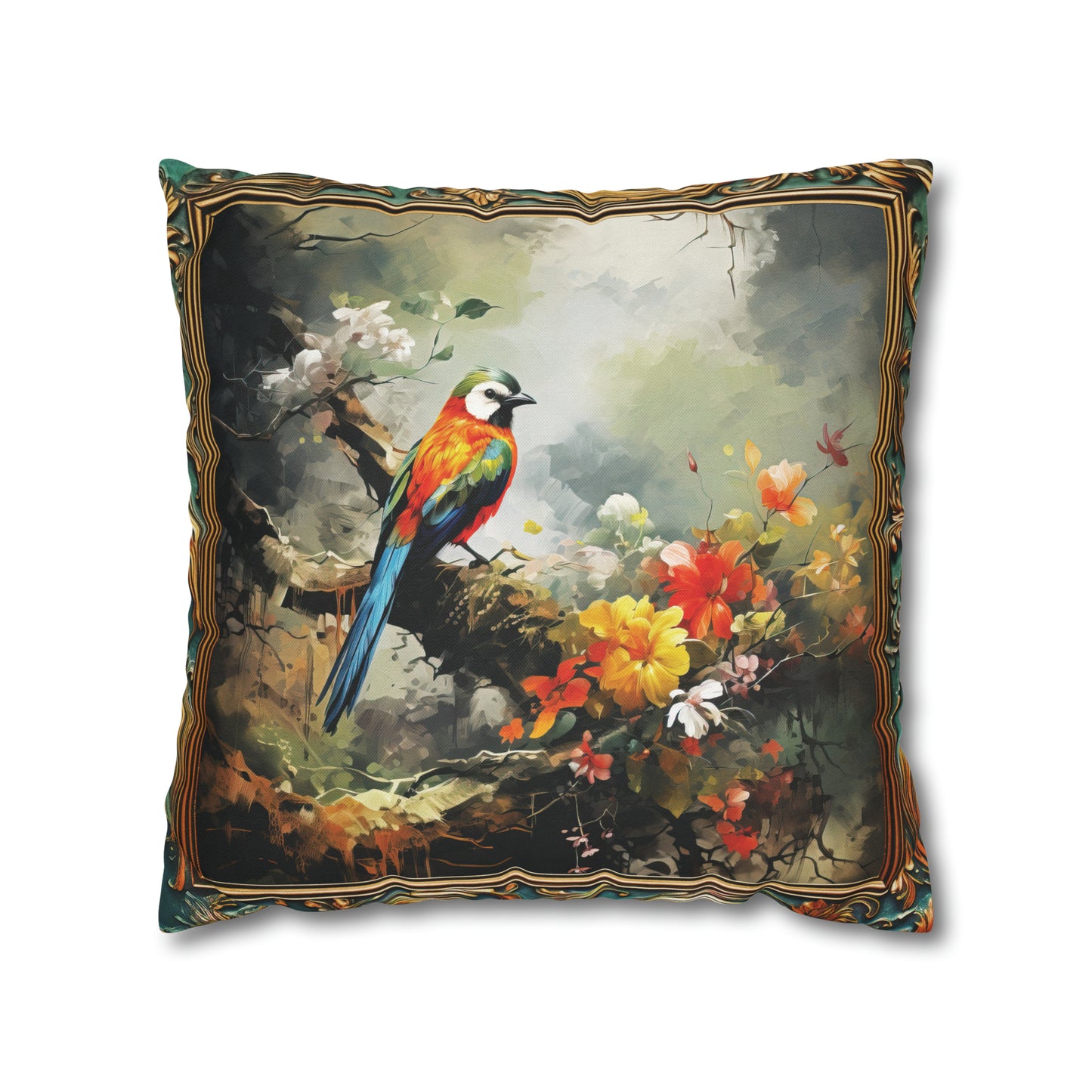Square Pillow Case 18" x 18", CASE ONLY, no pillow form, original Art , a Colorful Green headed Bird on a Flowering Tree Branch