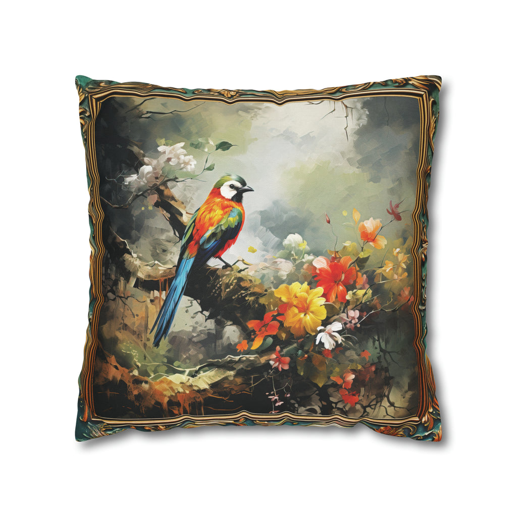 Square Pillow Case 18" x 18", CASE ONLY, no pillow form, original Art , a Colorful Green headed Bird on a Flowering Tree Branch