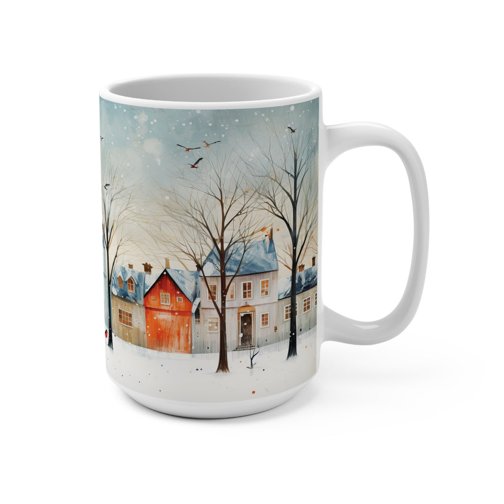 Row houses in Winter with birds Mug 15oz