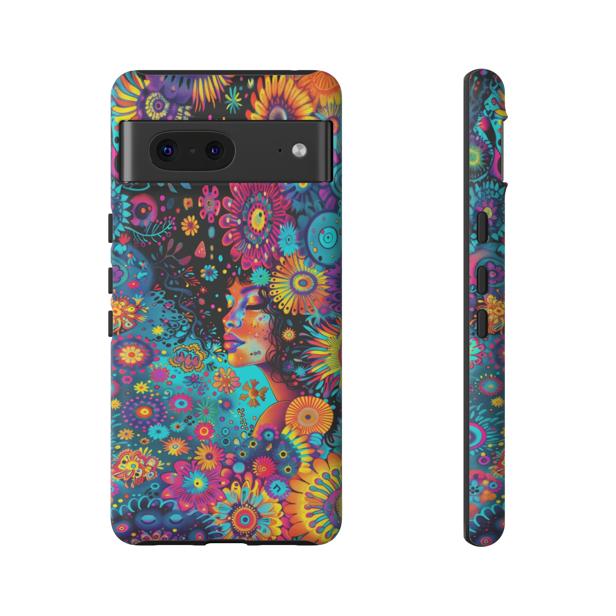 Phone Case, 1970's inspired flower girl, Artistic design, Tough Case, Colorful whimsical flower fantasy design, iPhone 15, 14, 13, 12, 11, Samsung, Pixel
