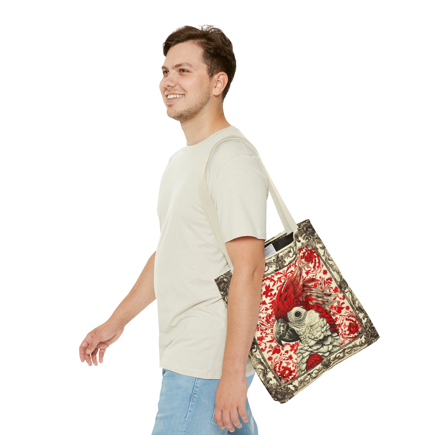 Canvas Tote Bag, vintage inspired bird design in red, vibrant artistic accessory, all over print bag