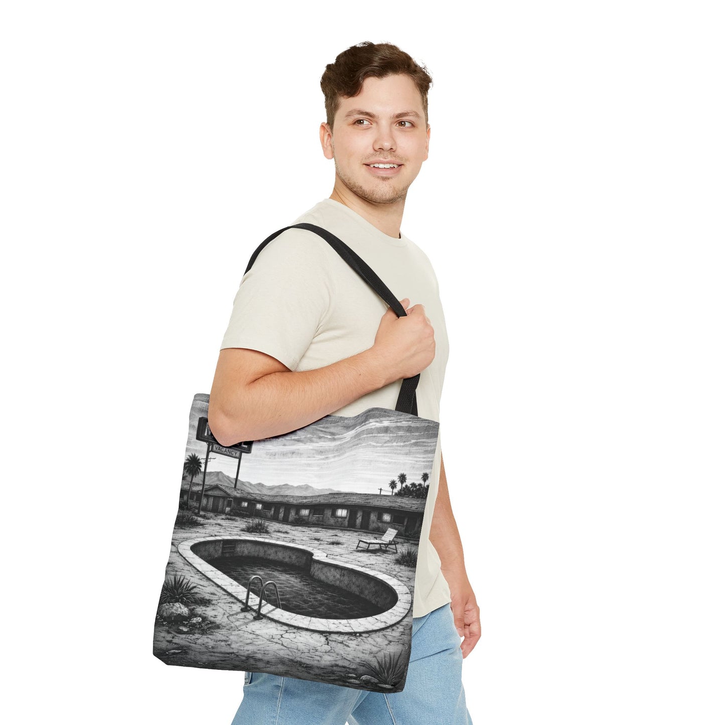 Retro Desert Motel Pool Tote Bag – Vintage Black & White Road Trip Art